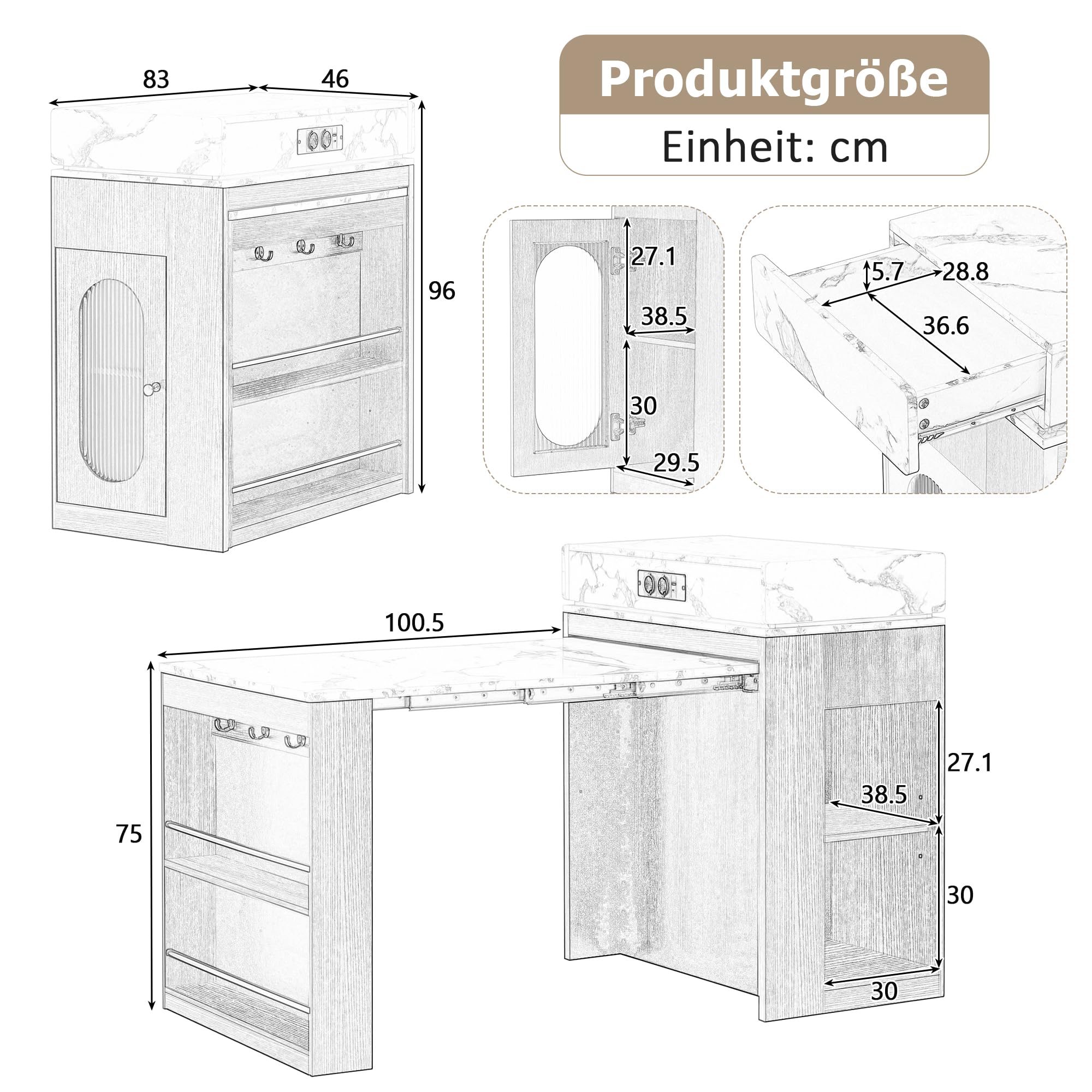 Bladez Isla de cocina moderna con mesa extensible y enchufes, isla de cocina con espacio de almacenamiento, armario de cristal y ganchos, mesa de bar multifuncional o aparador para cocina y comedor