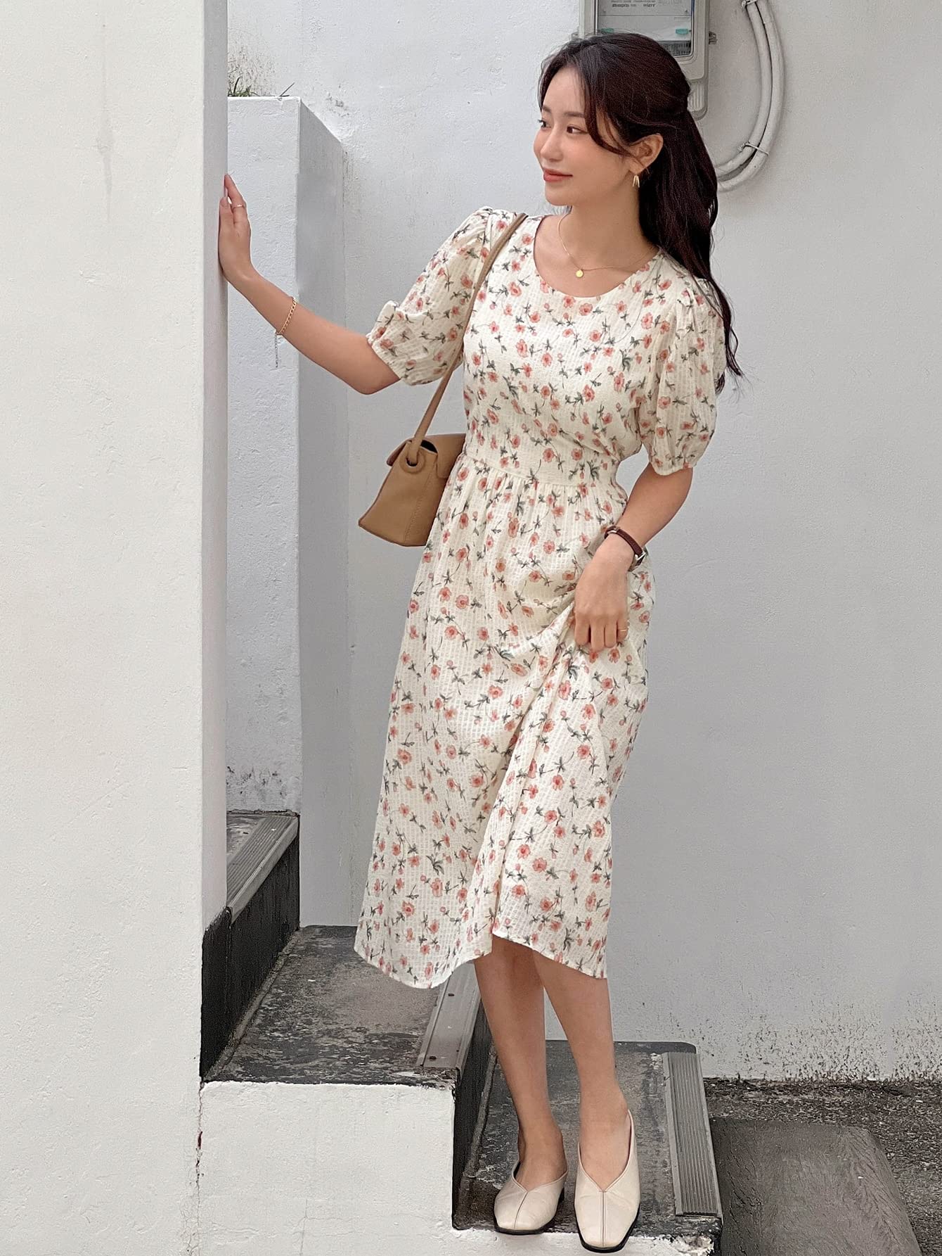 beige ditsy floral dress GalTyme Plus Size Ditsy Floral Dress,Beige Summer Curve Holiday Vacation Style,Wedding Guest Party,Elegant Y2k Casual Graduation Dresses