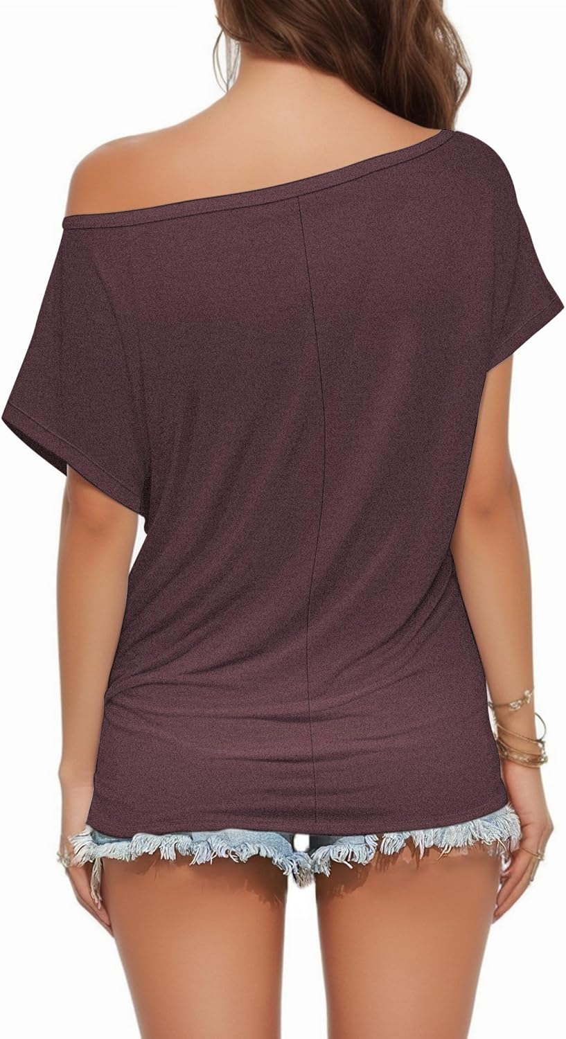 Buauty Womens Summer Off Shoulder Tops Casual Loose Short Sleeve T Shirts One Shoulder Tops Trendy Sexy Cute Tunic Tee Wine Red - Image 2