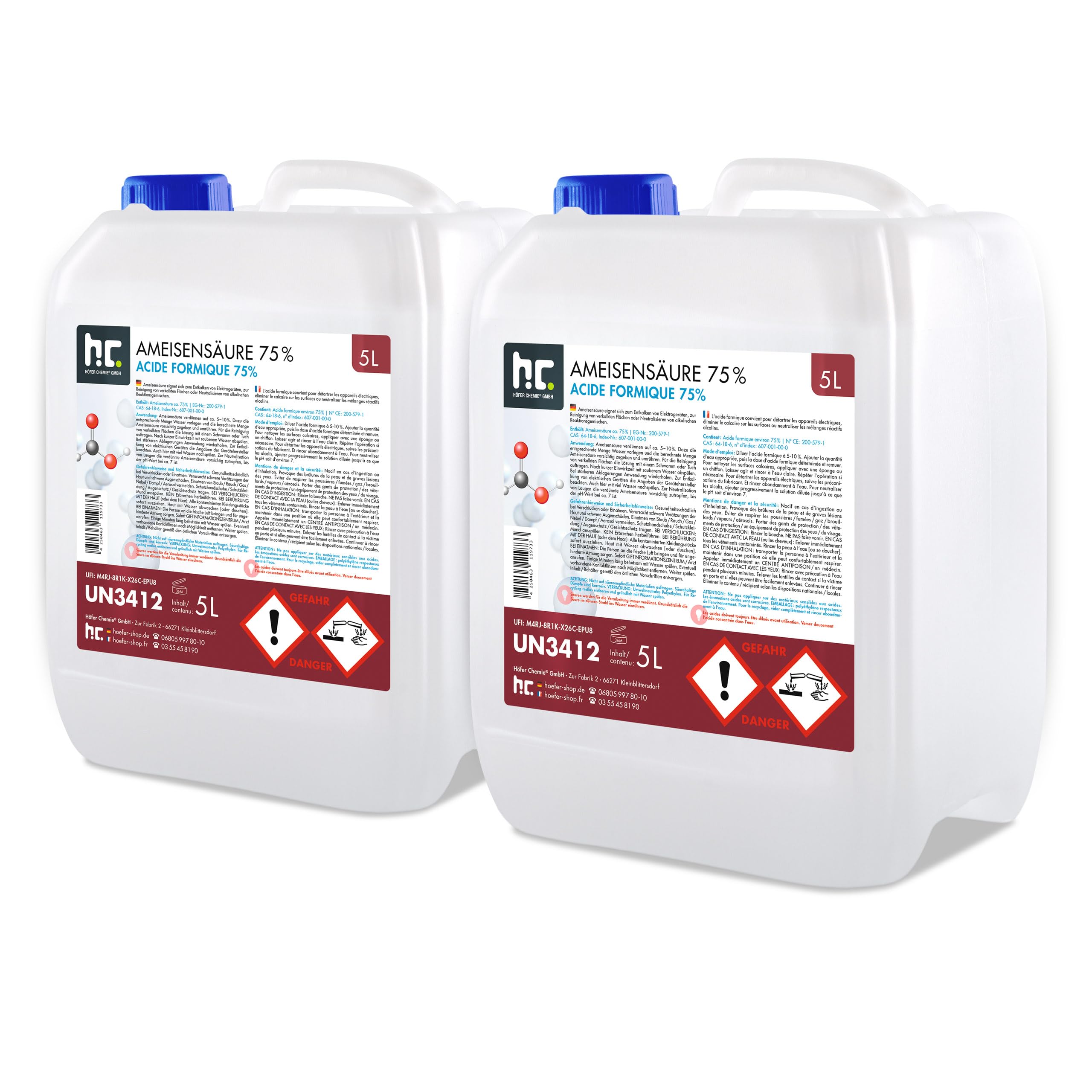 Höfer Chemie 2 x 5 L Acide Formique 73% - Qualité Technique - Anticalcaire | Détartrant Anticalcaire Puissant pour Surfaces et Machines - Action Rapide sur le Calcaire - Agit là où les Autres Échouent