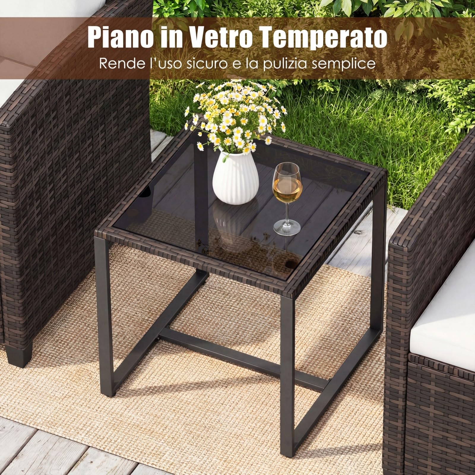 COSTWAY Set Mobili da Giardino 3 Pezzi, Salotto da Esterno in Rattan PE con Cuscini Sfoderabili, Tavolino in Vetro Temperato Beige