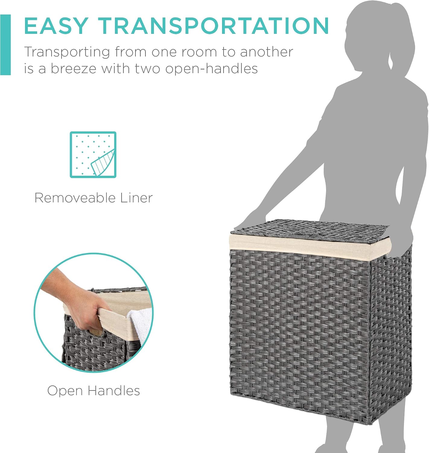Best Choice Products Wicker Double Laundry Hamper, Rustic Divided Storage Basket w/Easy Assembly, Removable Washable Linen Liner Bag, Lid, Handles - Gray