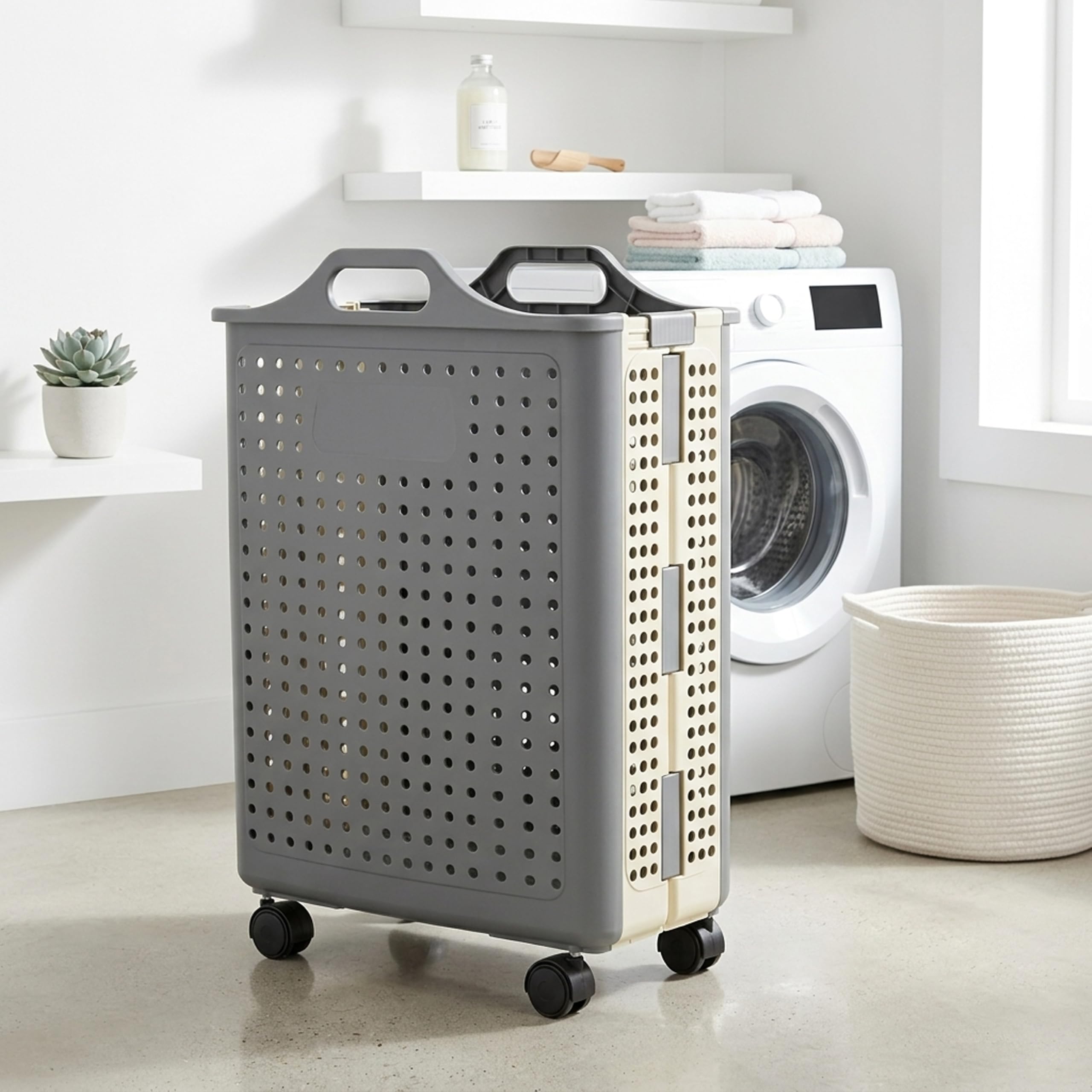 Foldable Laundry Basket with Wheels, Kids Storage Organizer (1, Grey)-image-47