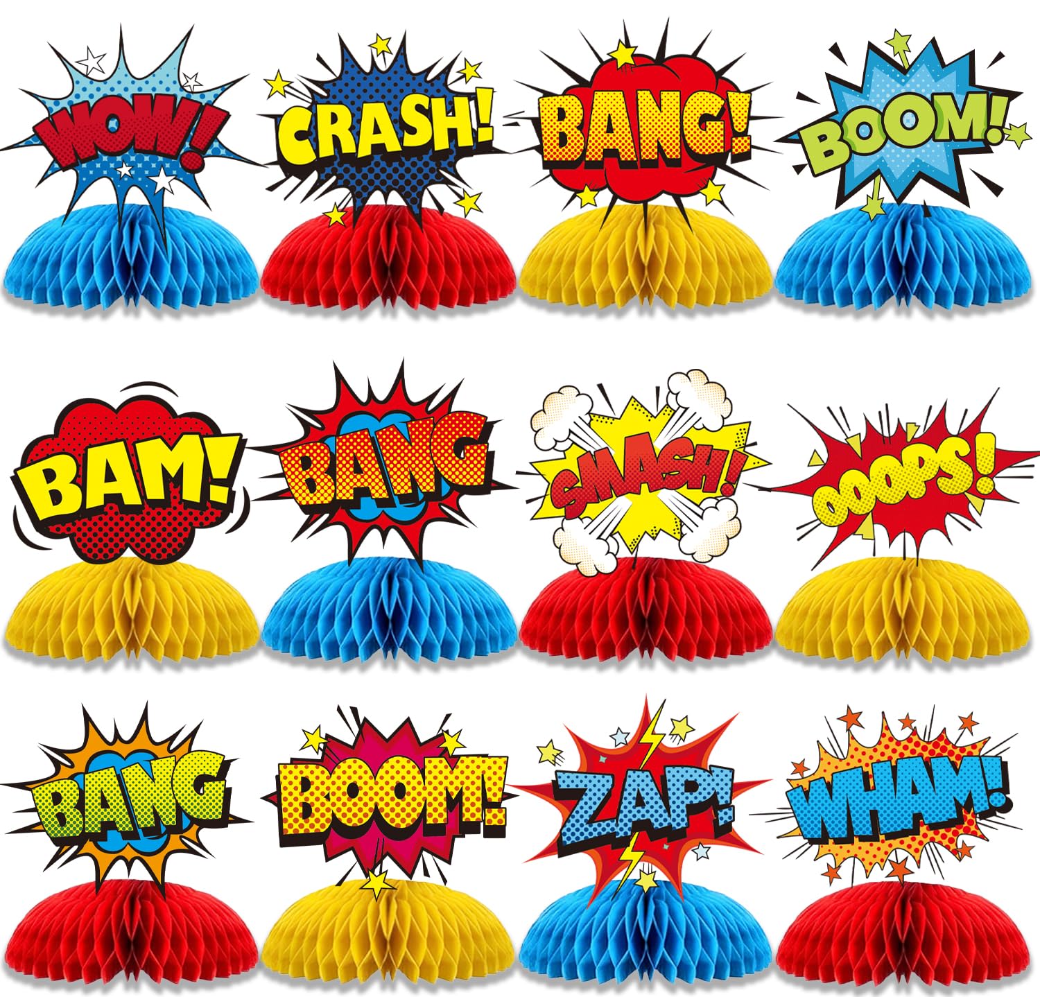 Photo 1 of 12 Pcs Hero Table Honeycomb Centerpieces, Hero Theme Happy Birthday Party Decorations for Women Men, Fun Action Standing Card Party Decor Party Supplies