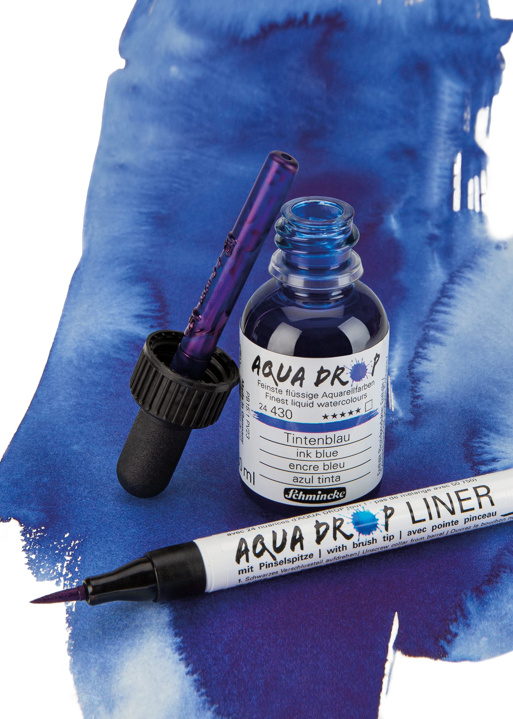 Schmincke - AQUA DROP, acquarello liquido, 5 colori trasparenti da 30 ml + LINER con punta di pennello, 78 105 097, set per pittura ad acquarello, calligrafia, handlettering, aerografia