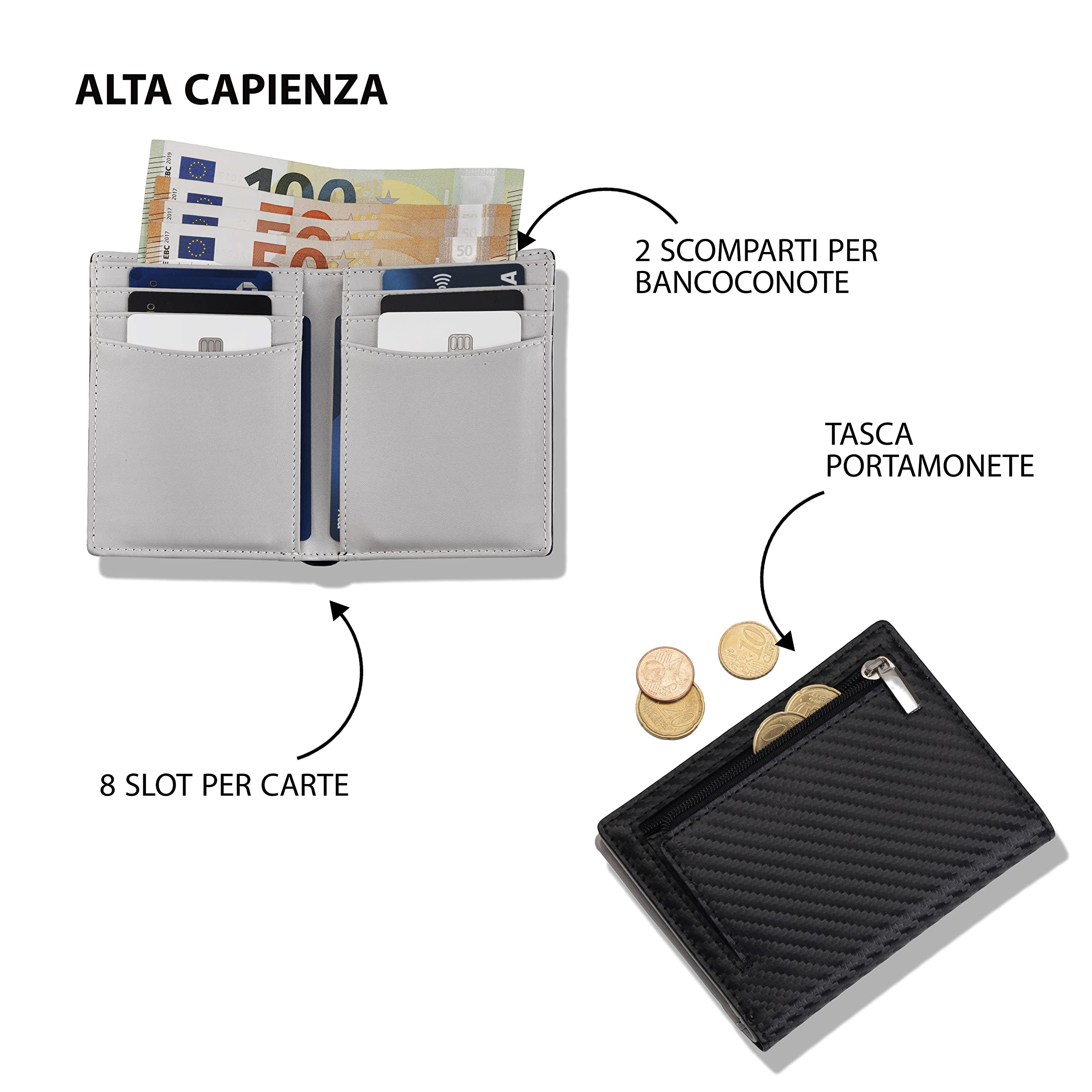 e-GALE Portafoglio uomo Verticale - Con Protezione RFID - Elegante e Compatto - Tanti Scomparti per Tessere, Banconote, Monete, Carte di Credito - (Fibra di Carbonio e Grigio)