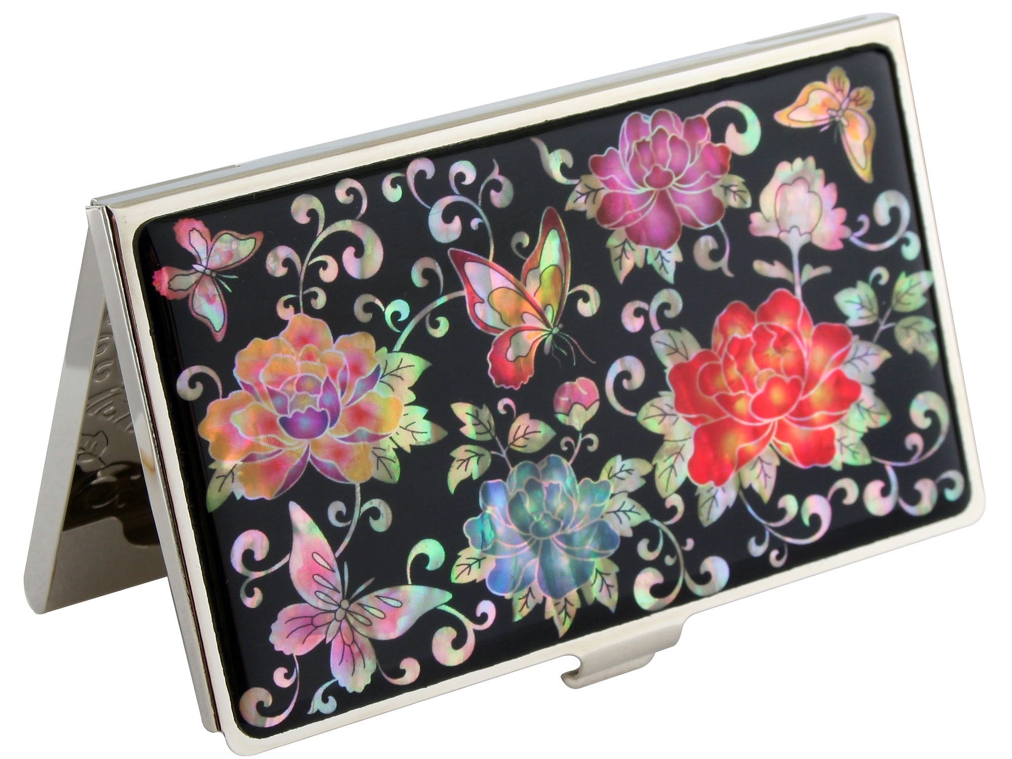 Porta Biglietti Da Visita In Madreperla Con Farfalle – Elegante, Metallo, 9,5x6 Cm, Custodia E Confezione Regalo - 2