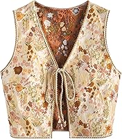GORGLITTER Women's Sleeveless Tie Front Western Cowgirl Vest - Floral Print Crop Top for Rodeo Concerts & Casual Outfits