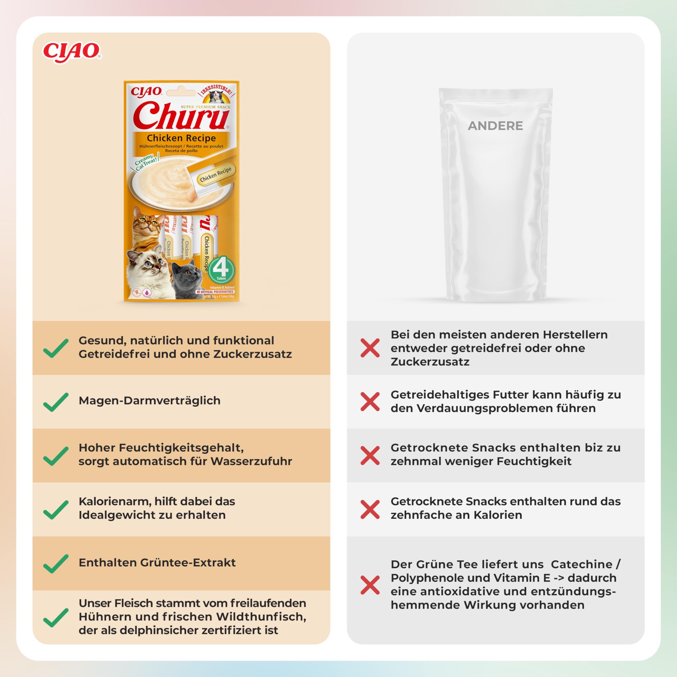 INABA Churu Puree Katzenleckerlis Creamy Snacks, Hochwertige Proteine mit Huhn 56 g (12er Pack), Katzensnacks in Premium Qualität