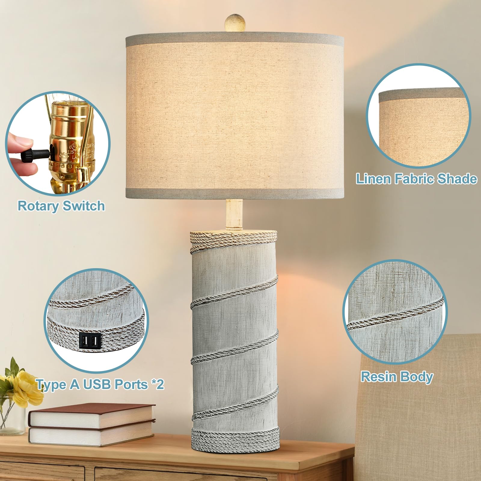 BOOUCUU Rustic Farmhouse Table Lamps Set 2 for Living Room, 26" Vintage Nightstand Bedside Lamps with USB Ports Retro Resin Light Decoration End Table Lamp for Bedrooms Home Office Study Hotel