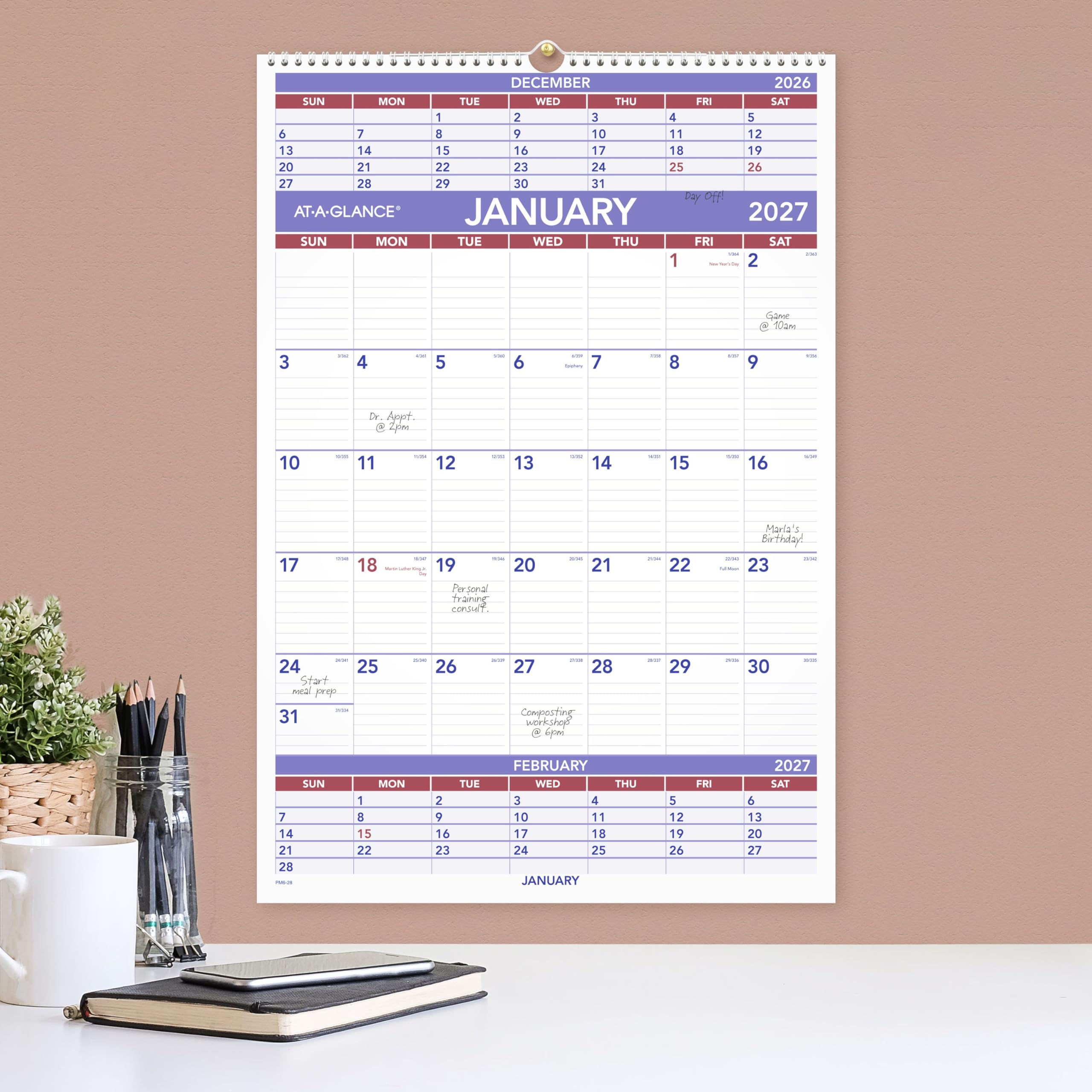 AT-A-GLANCE Calendrier mural 2027, planificateur 39,4 x 57,8 cm, référence 3 mois (PM62827)