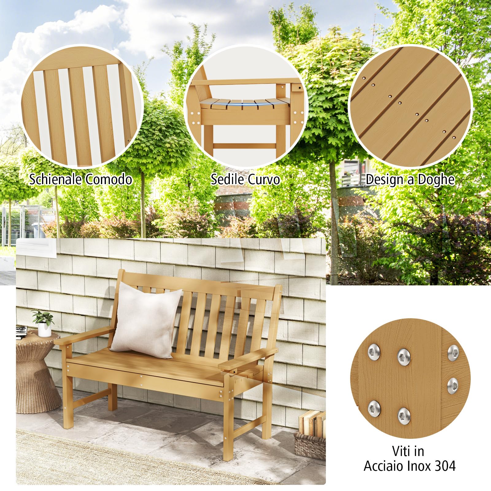 COSTWAY Panchina da Esterno in HDPE Resistente, Portata 320 kg, Naturale | Panca da Giardino con Schienale e Braccioli, Panchina da Parco, Balcone, Spogliatoio e Cortile, 132 x 65 x 91 cm