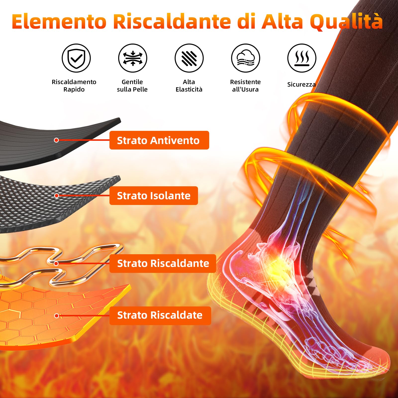 Calze Riscaldate a Batteria ikuchelife, 2 x 7500mAh/5V Max. 14 Ore Inverno Ricaricabili Calzini USB Riscaldati Scaldapiedi Elettrico Calze al ginocchio con 4 Temperature per l'intero Plantare