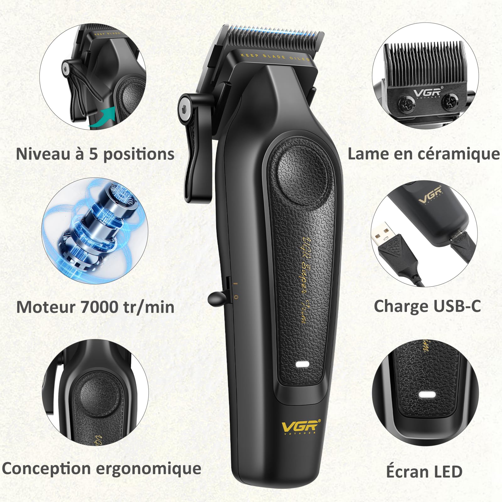 VGR 197 & 995 Tondeuse Cheveux Hommes Professionnel Sans Fil, Voyant LED | Tondeuse Cheveux et Barbe Homme Set avec Lames en Céramique, Barber Kit avec 10 Peignes de Guidage et Peigne