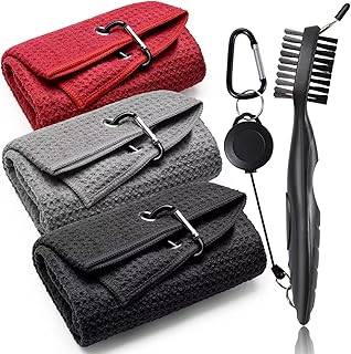 PRIDEEP Golf Towel (16\\\"X16\\\") and Golf Club Brush,Soft & Absorbent Microfiber Waffle Pattern Golf Towels with Carabiner Clip,for Golf Bags, Golf Club Cleaning Kit Black/Grey/Red, Men & Women Golf Gift