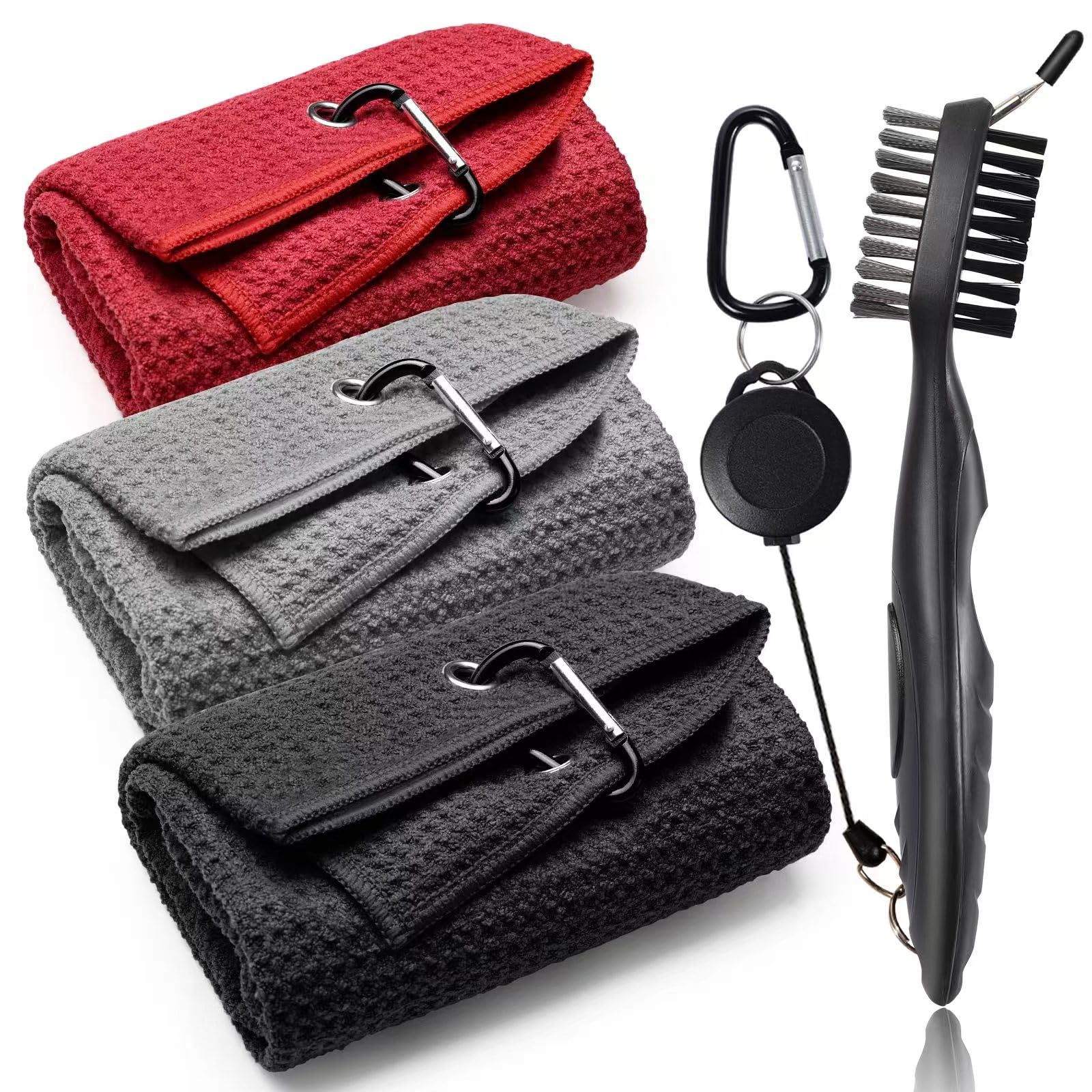 PRIDEEP Golf Towel (16"X16") and Golf Club Brush Cleaning Kit,Soft & Absorbent Microfiber Waffle Pattern Towels with Carabiner Clip,for Golf Bags, Black/Grey/Red, Men & Women Gift