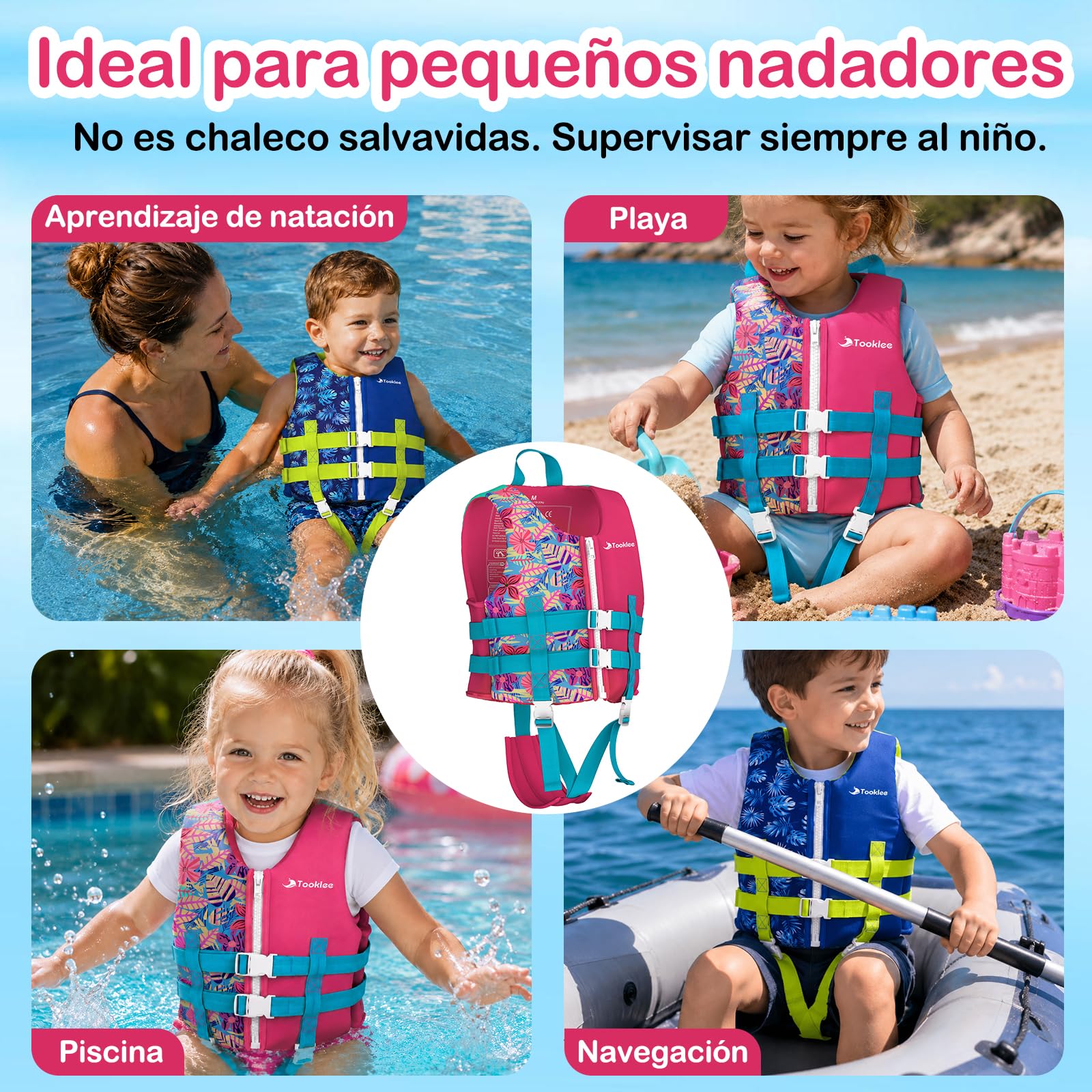Chaleco de Natación para Niños, Chaleco de Piscina con Tirantes Dobles Ajustables, Neopreno Premium Suave, Probado por TÜV y Seguro, Correa De Entrepierna Más Ancha, Ligero y Cómodo