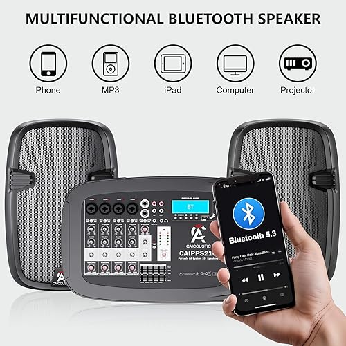 Miniatura 7 de Sistema PA portátil de 8 canales con Bluetooth, micrófono, 2 soportes para altavoces, USB, efectos de reverberaciónretardo, perfecto para eventos al