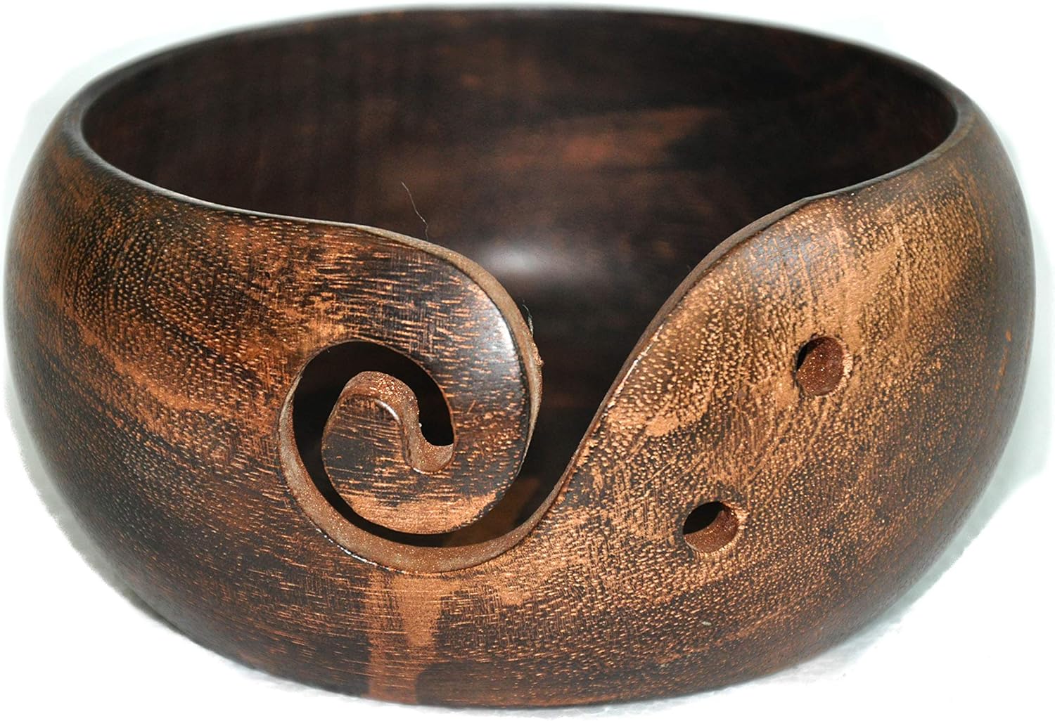 プレミアムソリッドダークハードウッドクラフト木製ポータブルアンティーク糸ボウルホルダー ニットかぎ針編み 6 x 6 x 3インチ 