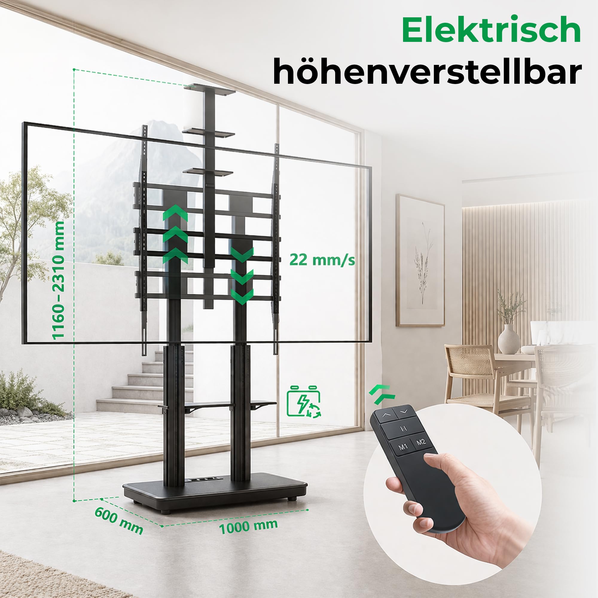 Duolite mobiler elektrischer TV Ständer für 45-110 Zoll max. 120 kg, motorisierter TV Lift mit stufenloser Höheneinstellung via Fernbedienung, max. VESA 900x800, mit Ablagen und Steckerleiste