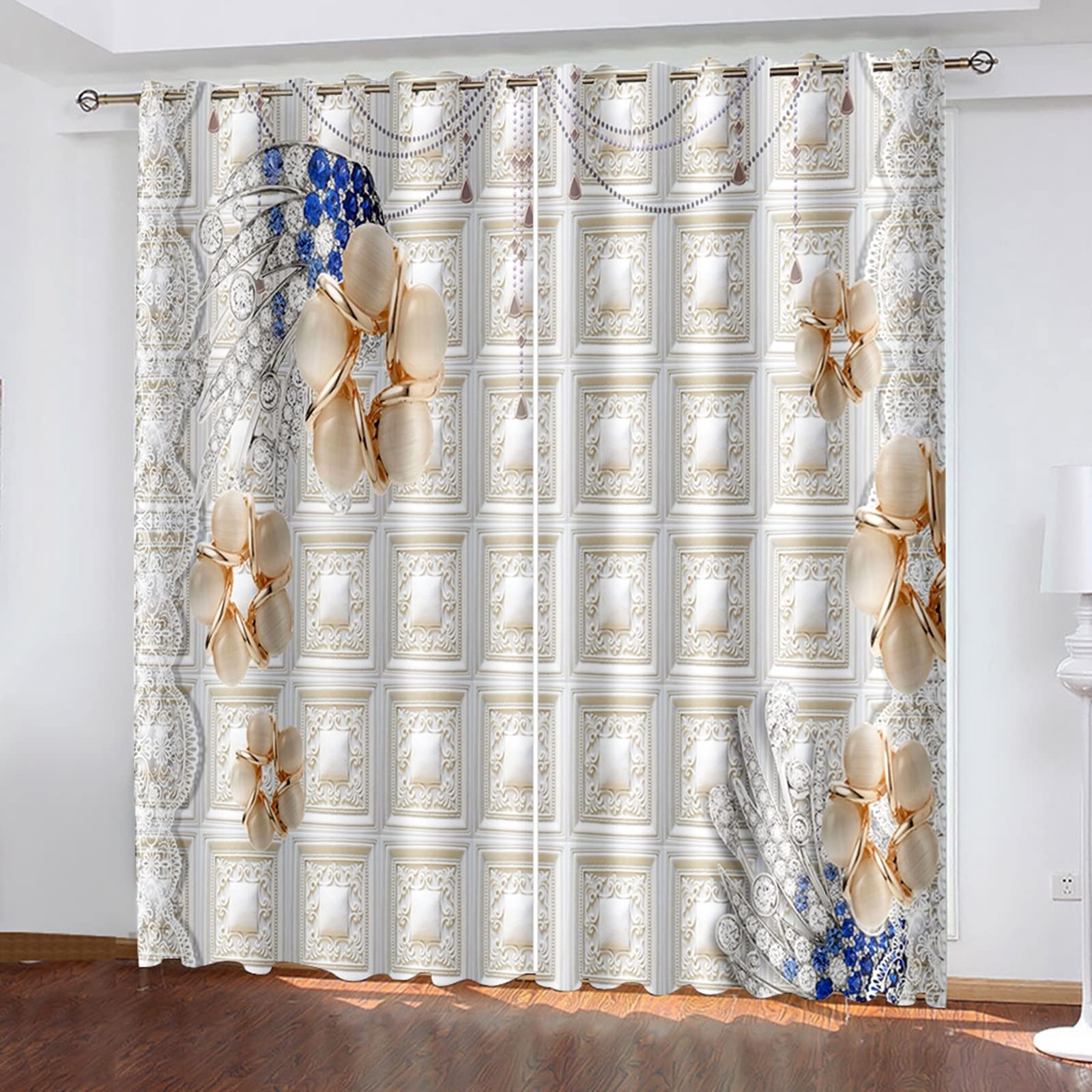 AMDXD Rideau Baie Vitrée Beige, Rideau Occultant Diamant Gemme Fleur Plaid Couture Rideau Polyester 264x115cm
