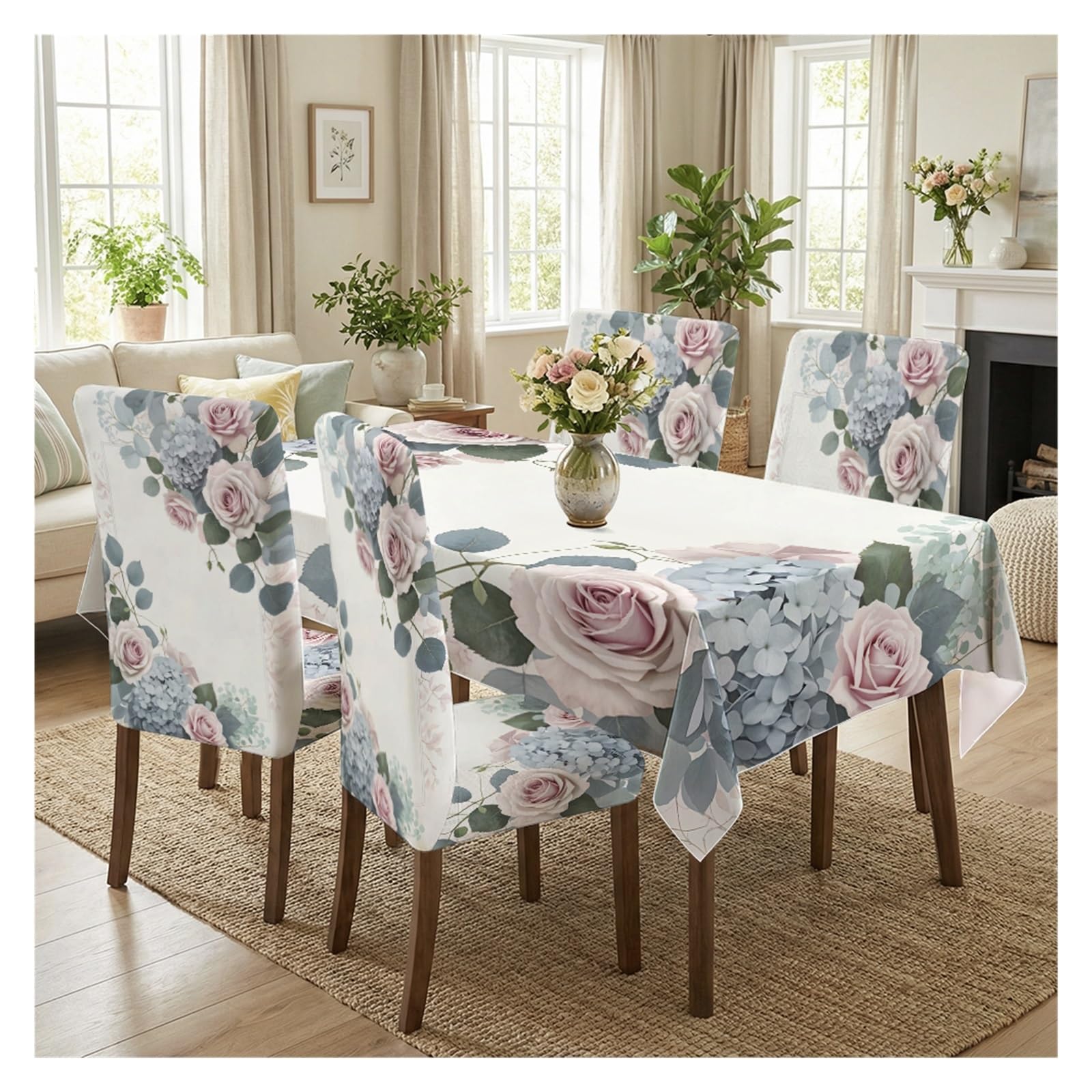 KXUAUV 5/7 Piece Rose Hydrangea Dining Set, Tablecloth With Stretch Chair Slipcovers For Romantic Home Decor Party Decor(5pcs Set: Tablecloth+Chair Covers)