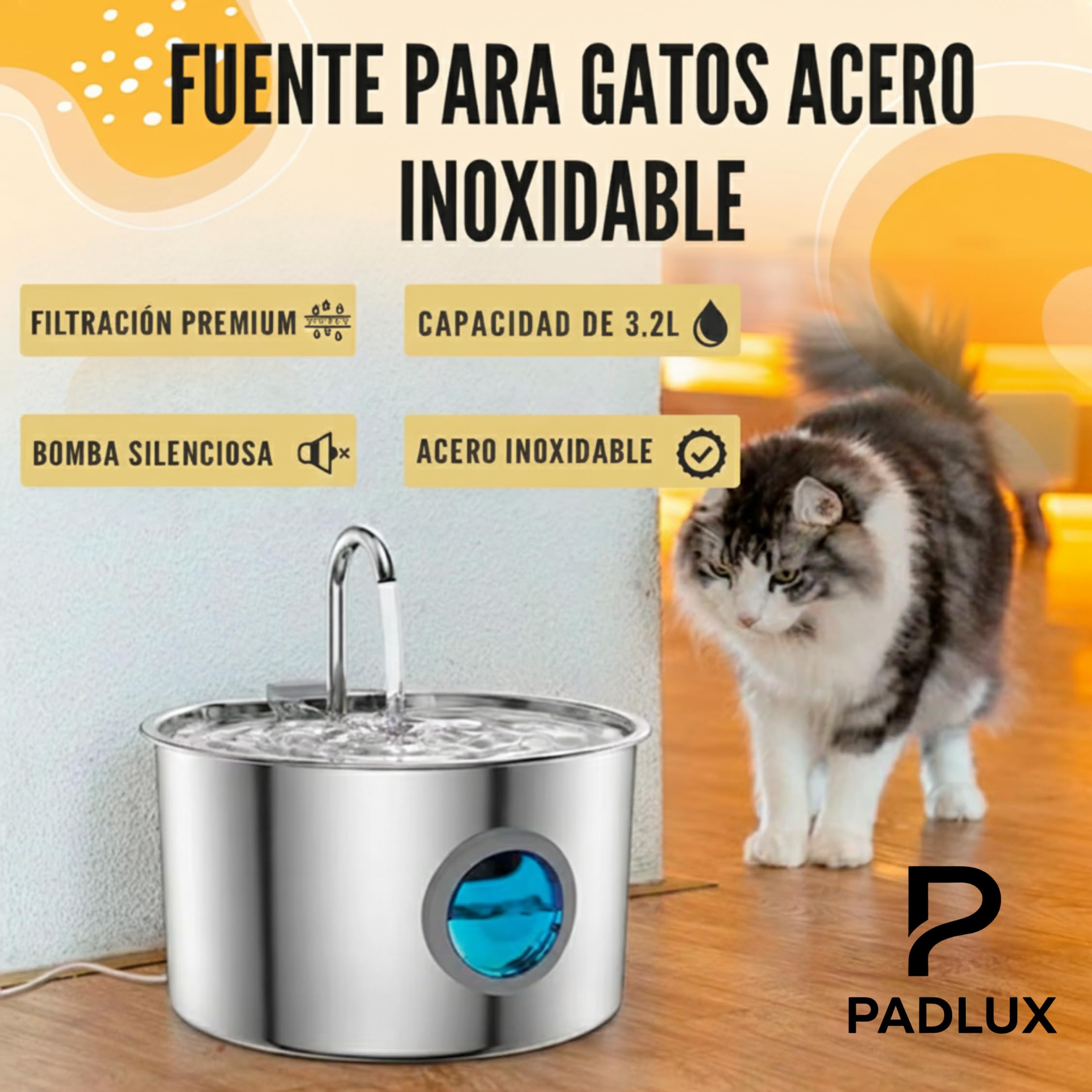 Fuente para Gatos de Acero Inoxidable 3,2L Automático – Bebedero Silencioso de Bajo Consumo con 2 Filtros y 3 Esponjas | Dispensador para Mascotas | Fuente de Agua para Gatos Premium