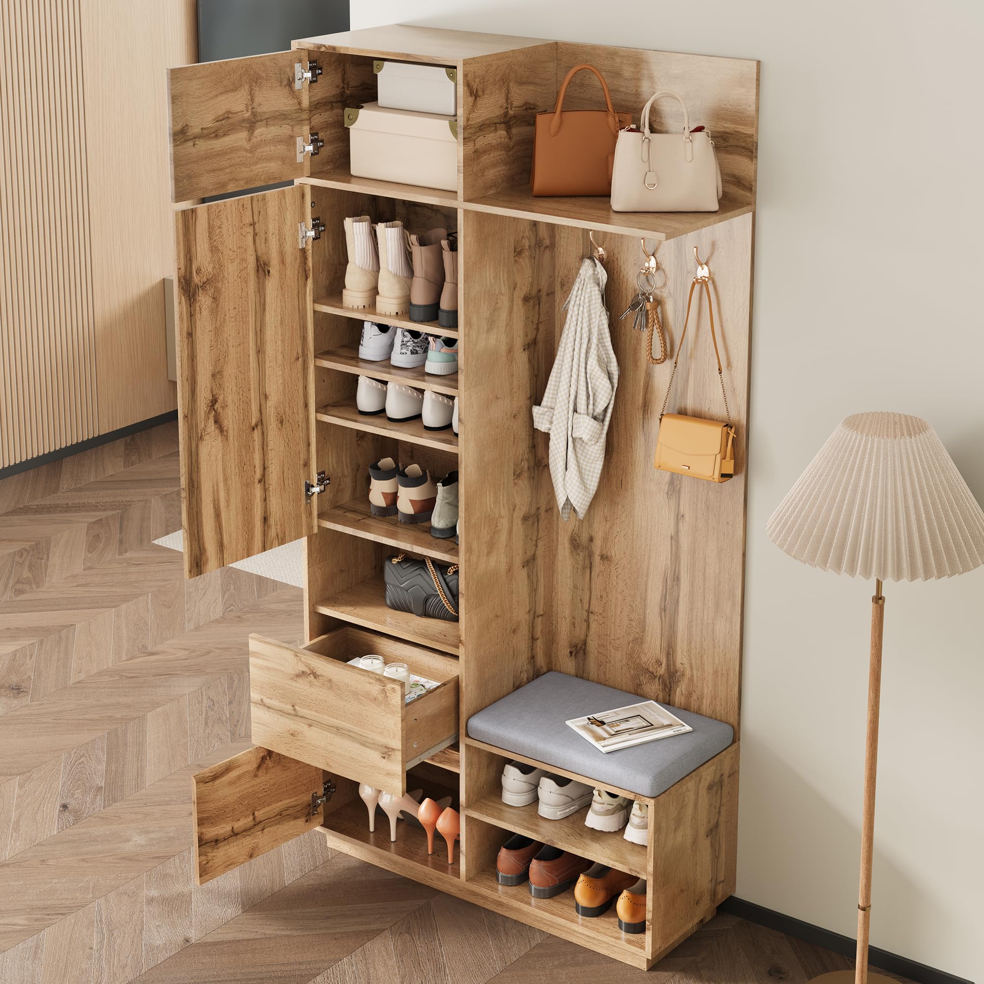 LAKFEW Juego de Perchero 5 en 1 con Espejo y Banco, Perchero Entrada Recibidor con Zapatero y Estante, Conjunto de Mueble Recibidor con Cajón y Puerta, 90x34.5x190 cm, Natural