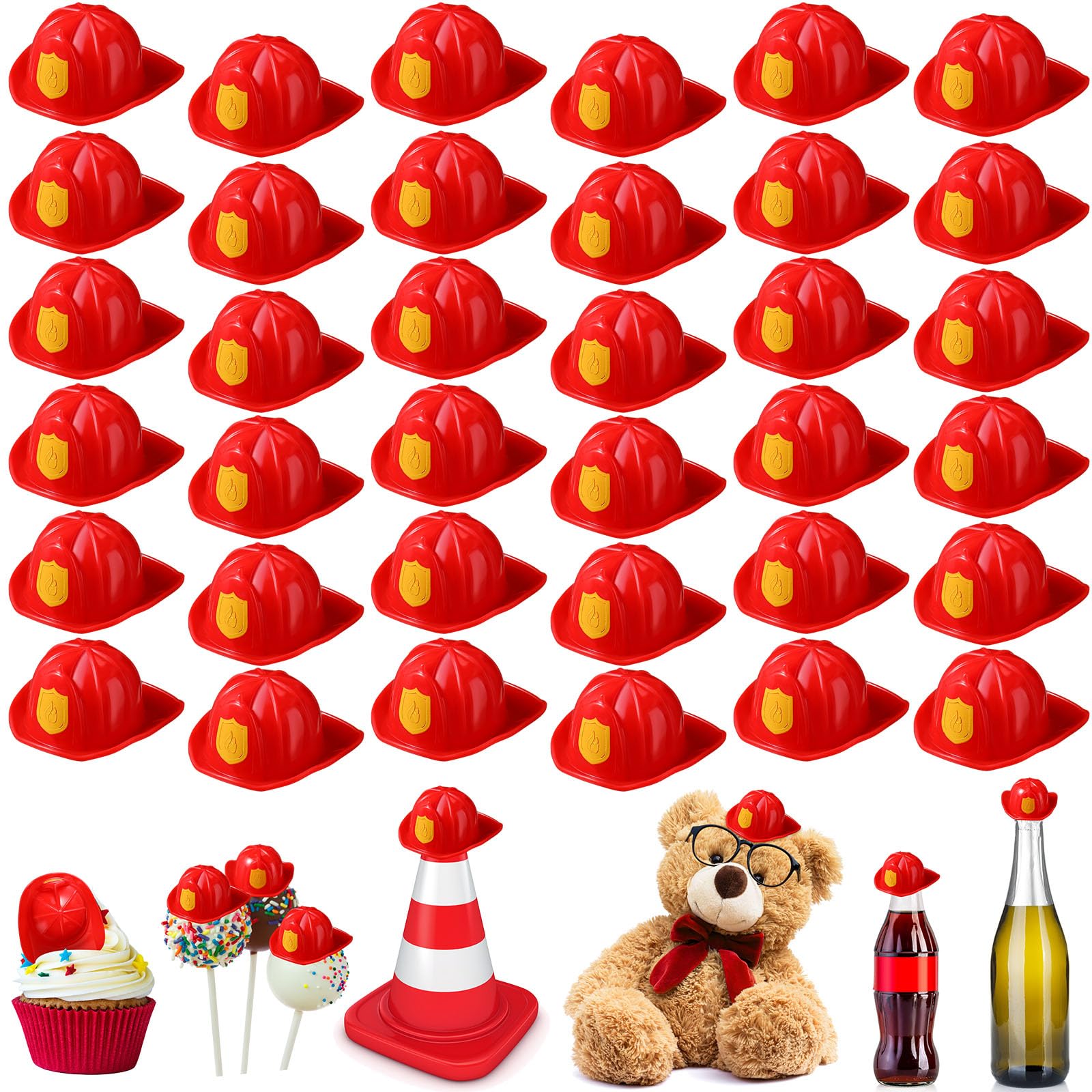 Sratte 36 Pcs Miniature Red Firefigher Hats Mini Fireman Bottle Toy Doll Hats Lovely Plastic Cake Pops Cake Topper Funny Bottle Decor for Party Supplies