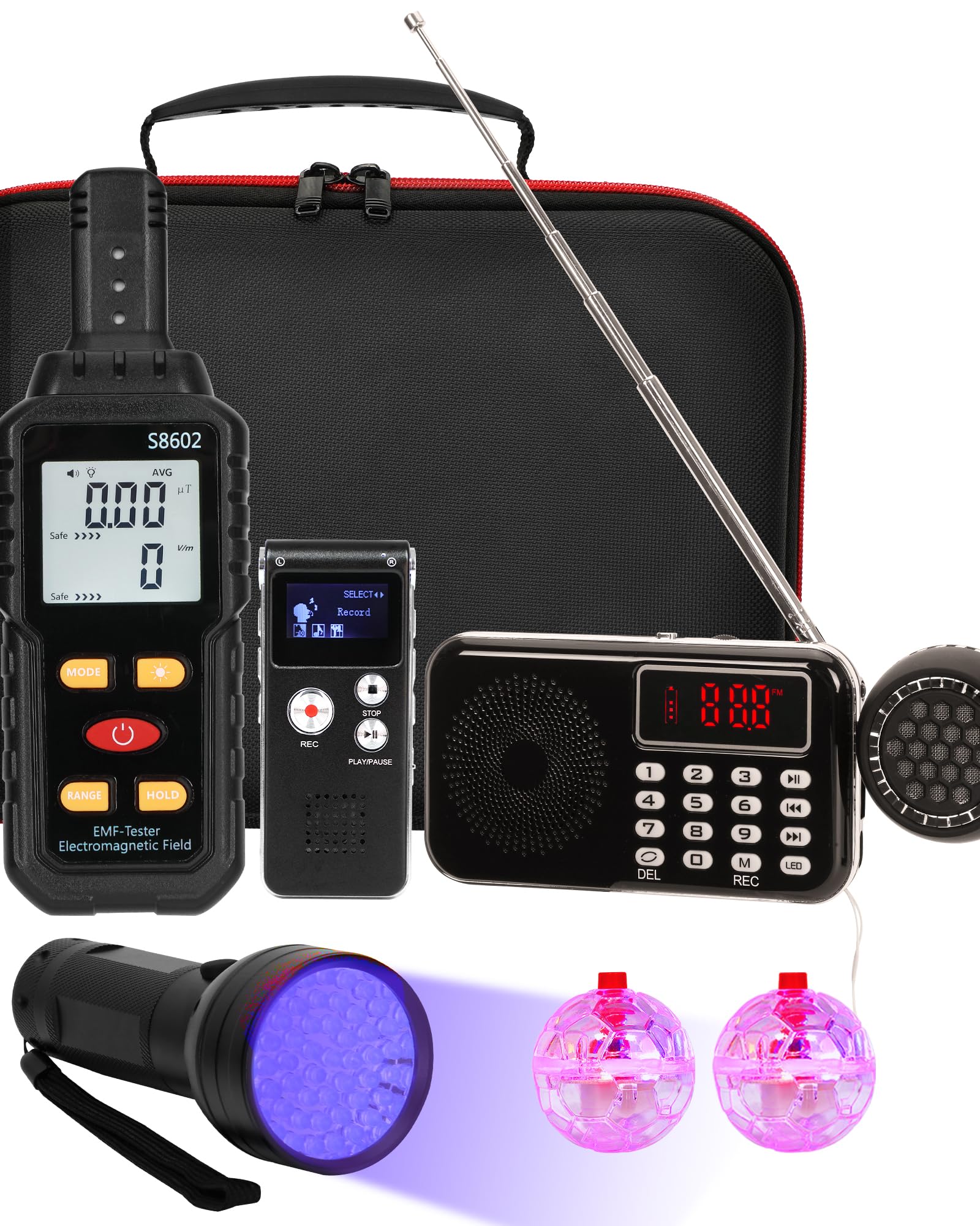 8 Pcs Ghost Hunting Equipment Kit for Paranormal Investigation, Include 3 in 1 Emf Meter, Ghost Radio Box, Speaker, EVP Recorder, Flashlight, 2 LED Cat Balls & 1 Carrying Case