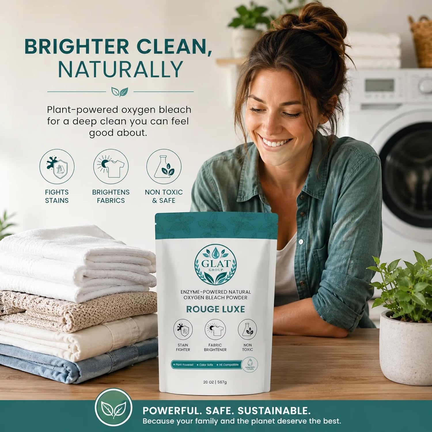 Enzyme-Powered Natural Oxygen Bleach (Powder) - Rouge Luxe| Chlorine-Free Stain Remover & Laundry Whitener | Safe for Colors, Septic, Baby Clothes | Eco-Friendly Cleaner | 20 Oz image 2