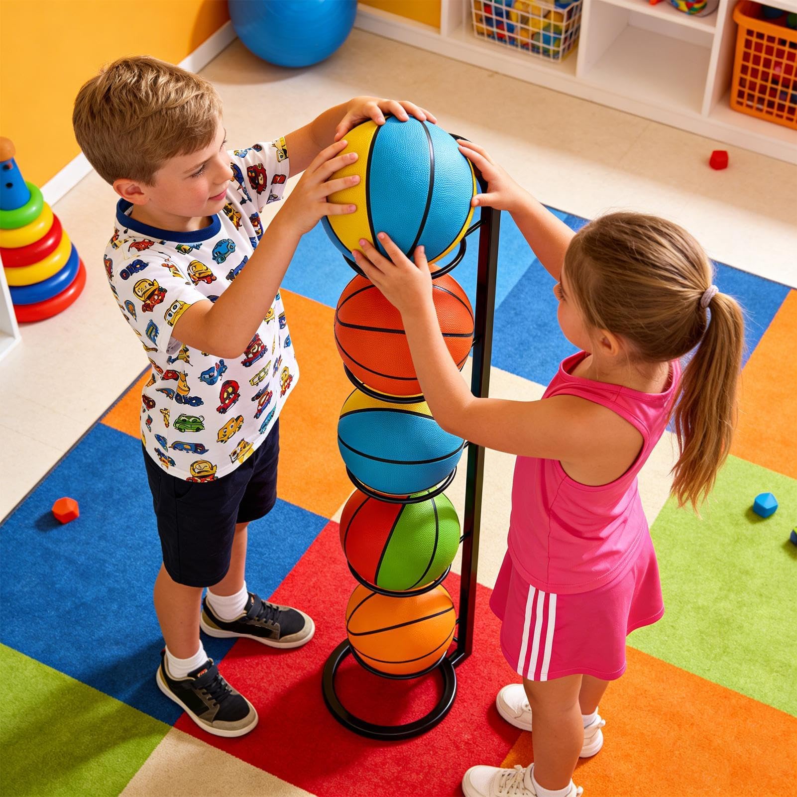 Basketballballhalter, 5-stöckig, Sportball für Basketball, Volleyball, Fußball – Aufbewahrungslösung für drinnen und draußen für Fitnessstudio, Garage, Schule, Hinterhof