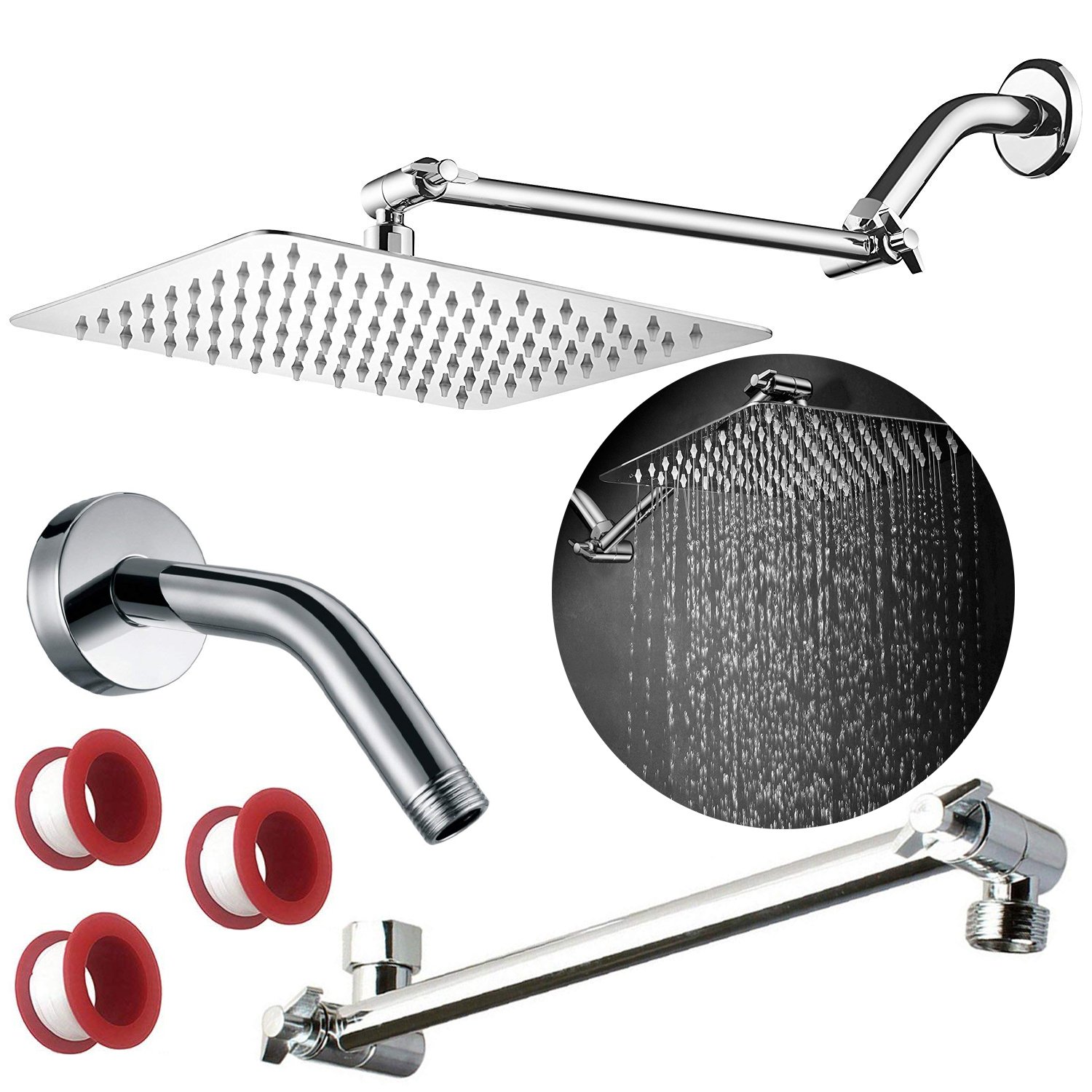 Ankeo Ultra Thin 10 Inch Square Showerhead And Adjustable Arm Stainless Steel Shower Head With Swivel 1/2 Shower Bracket Polished Chrome