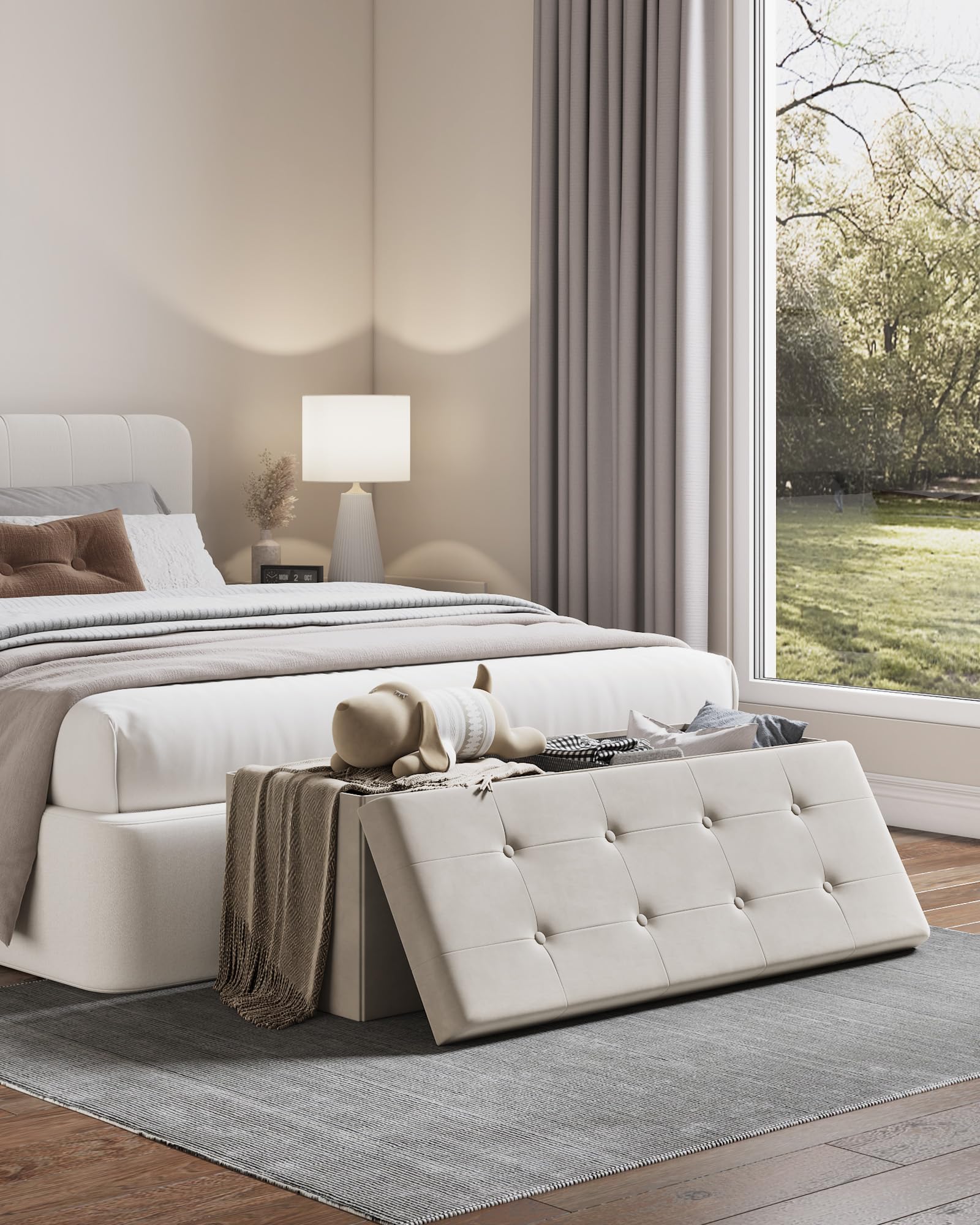 WOLTU Sitzbank mit Stauraum 110 cm, Truhe mit Stauraum 118 L faltbar, Sitztruhe Sitzbox Aufbewahrungsbox klappbar, Bettbank Schlafzimmer, belastbar bis 300 kg, aus Samt, Cremeweiß