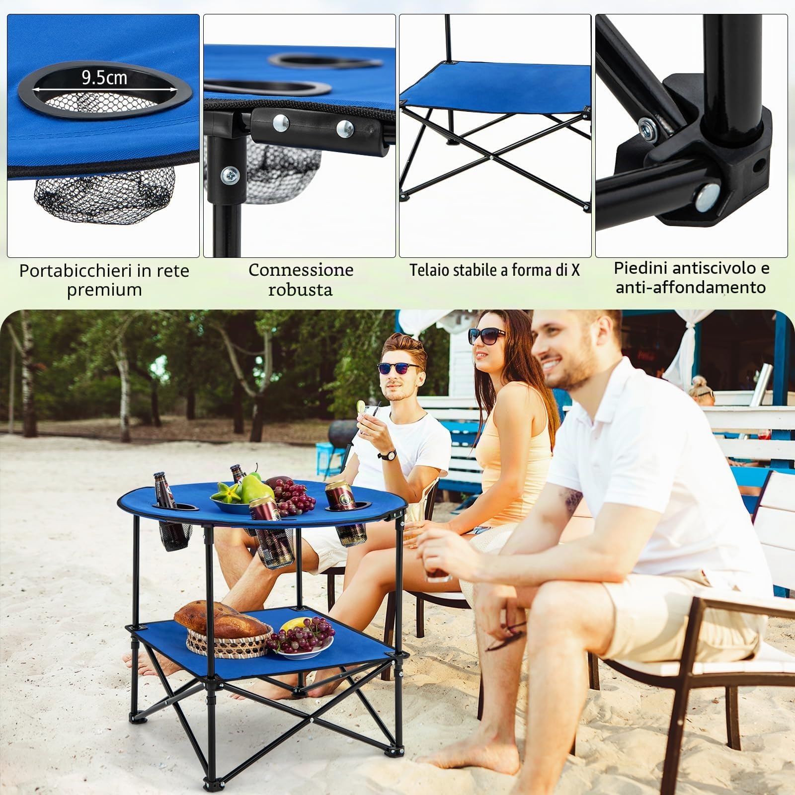 GIANTEX Tavolo da picnic rotondo pieghevole, tavolo da campeggio a 2 livelli con 4 portabicchieri in rete, telaio metallico a forma di X, tessuto Oxford, carico 40 kg, per barbecue, spiaggia, blu
