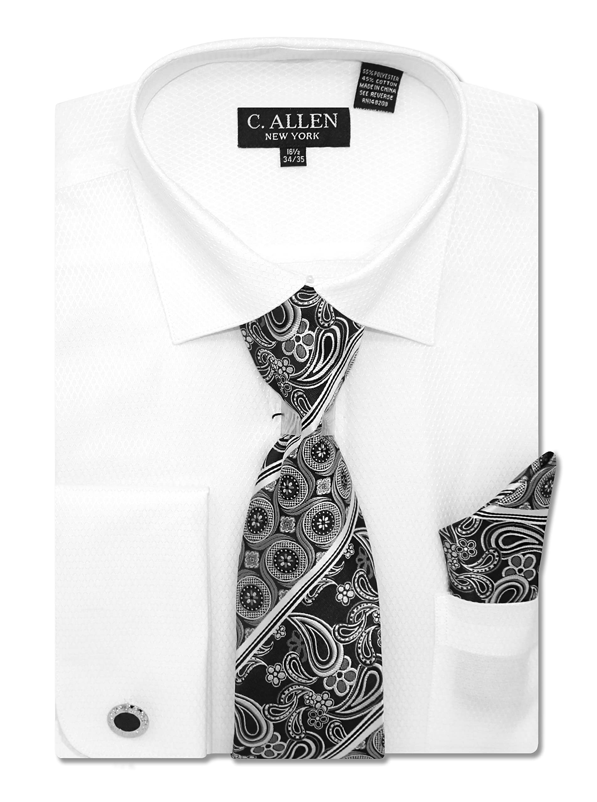 C. Allen Men's Solid Micro Pattern Regular Fit Dress Shirts with Tie Hanky Cufflinks French Cuffs Combo