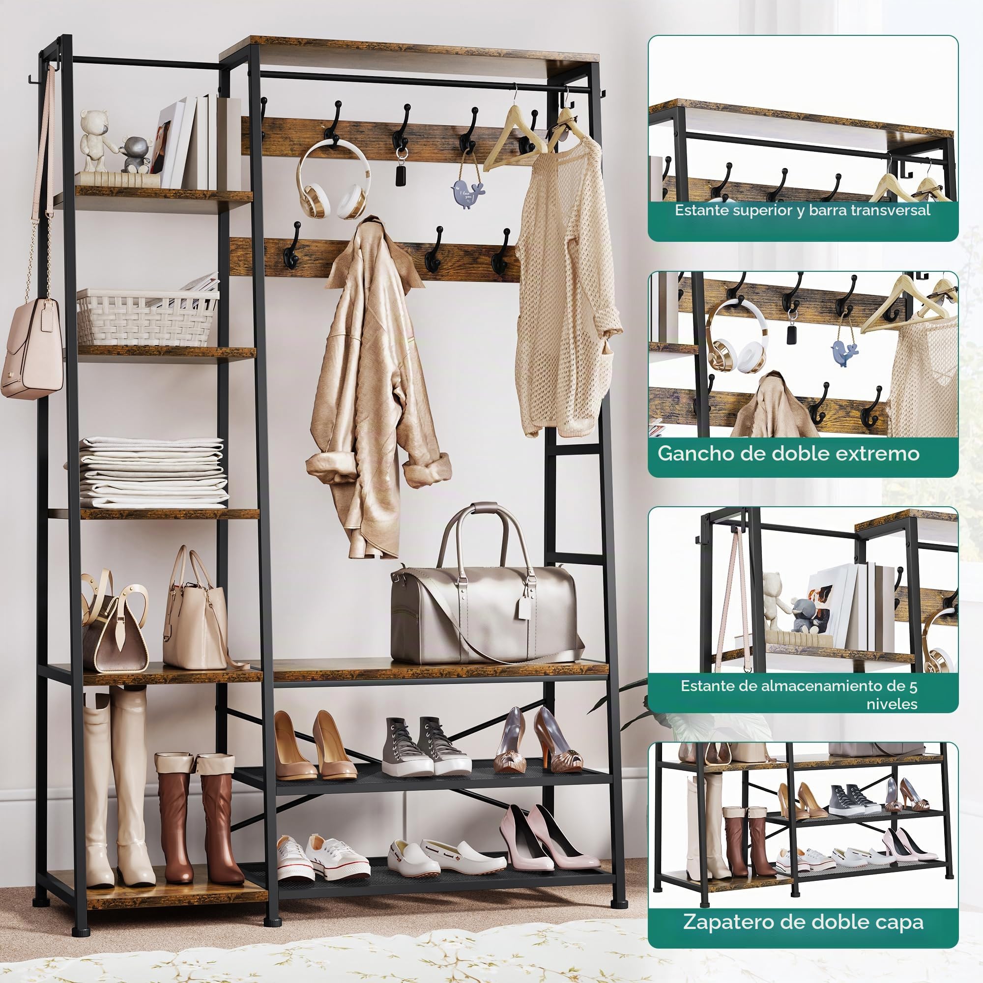 YITAHOME Perchero con Almacenamiento de Zapatos, Árbol de Pasillo Independiente con Banco Perchero Industrial con 5 Estantes Barra para Ropa para Dormitorio Sala de Estar Pasillo Entrada, Marrón | Perchero industrial con 9 ganchos y 5 estantes para dormit