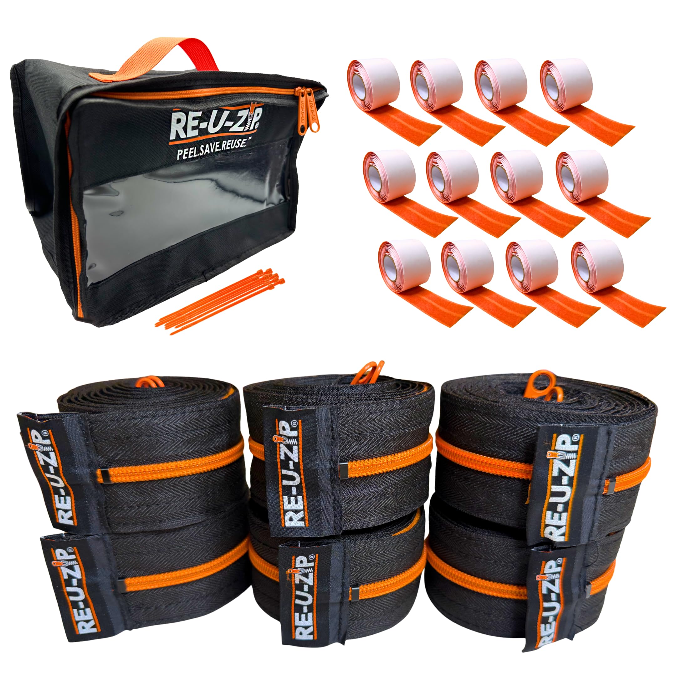 RE-U-ZIP Cremallera de barrera de polvo reutilizable | Paquete Pro – 6 cremalleras naranjas + 12 tiras de montaje + funda de transporte