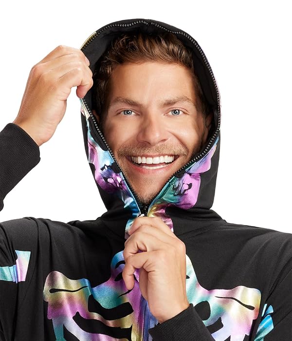 Tipsy Elves Halloween Skeleton Costume for Men - Comfy Adult Skeleton Jumpsuit with Hood - Men's Iridescent Bones Jumpsuit Halloween Costume with Full Zip Hood Size X-Large by Tipsy Elves - Image 2