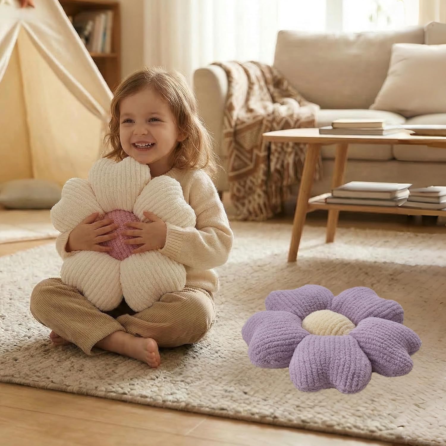 2 Pcs Lavender Decorative Throw Pillows, 15'' Cute Daisy Flower Shaped Pillow Floor Seating Cushion for Bed Couch Sofa Bedroom Room Dorm Decor (Lavender & Ivory)