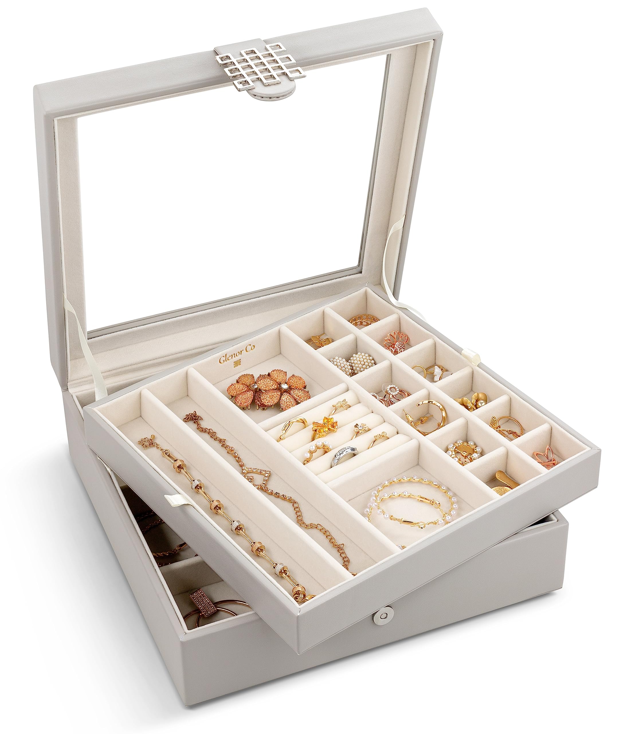 Glenor Co 28 Section Jewelry Box - 2 Layer - Buckle Snap & Magnet Closure - Large Glass Top - Leather Design - Grey - Jewelry Organizer for Women & Girls - for Earring Ring Necklace & Bracelet