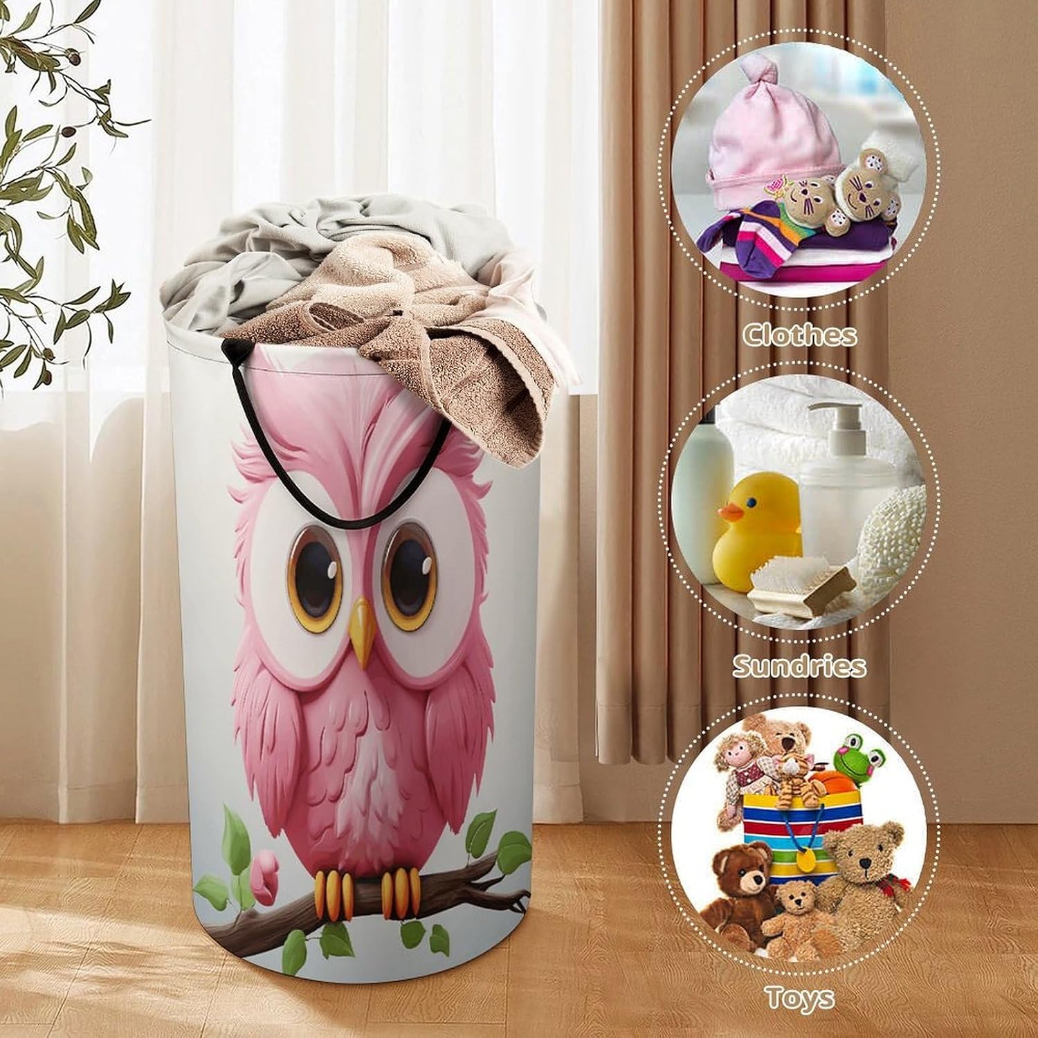 Large Laundry Basket Collapsible Dirty Clothes Basket with Carry Handles Portable Waterproof Freestanding A Pink Owl Laundry Hamper for Bathroom Bedroom Laundryroom Dorms 86L