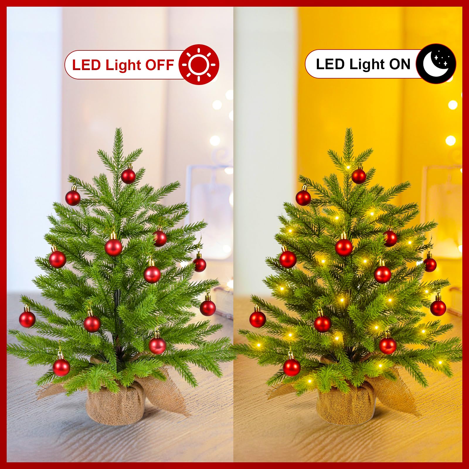 Albero di Natale Mini Artificiale 55cm, Piccolo Albero con Ornamenti, Luci LED, Baubles Natalizie, Albero Piccolo per Decorazione di Natale Interna Ufficio Tavolo