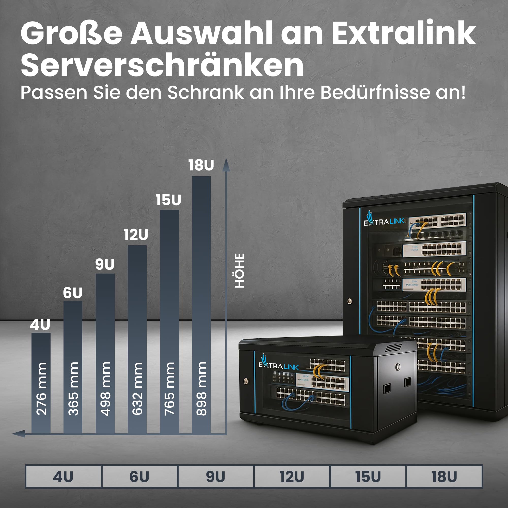 Extralink Serverschrank 19 Zoll 9HE – Netzwerkschrank 450mm Tiefe zur Wand- oder Standmontage, Traglast 60 kg, gehärtete Glastür, abschließbar 180° Öffnung, schwarz – für Heimnetzwerk & IT-Geräte