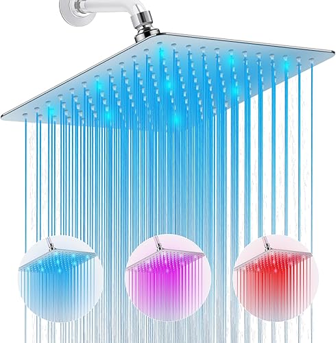 Miniatura 9 de Cabezal de ducha de lluvia de alta presión de 10 pulgadas con LED, cabezal de ducha fijo cuadrado cromado antiobstrucción, rótula de latón ajustable