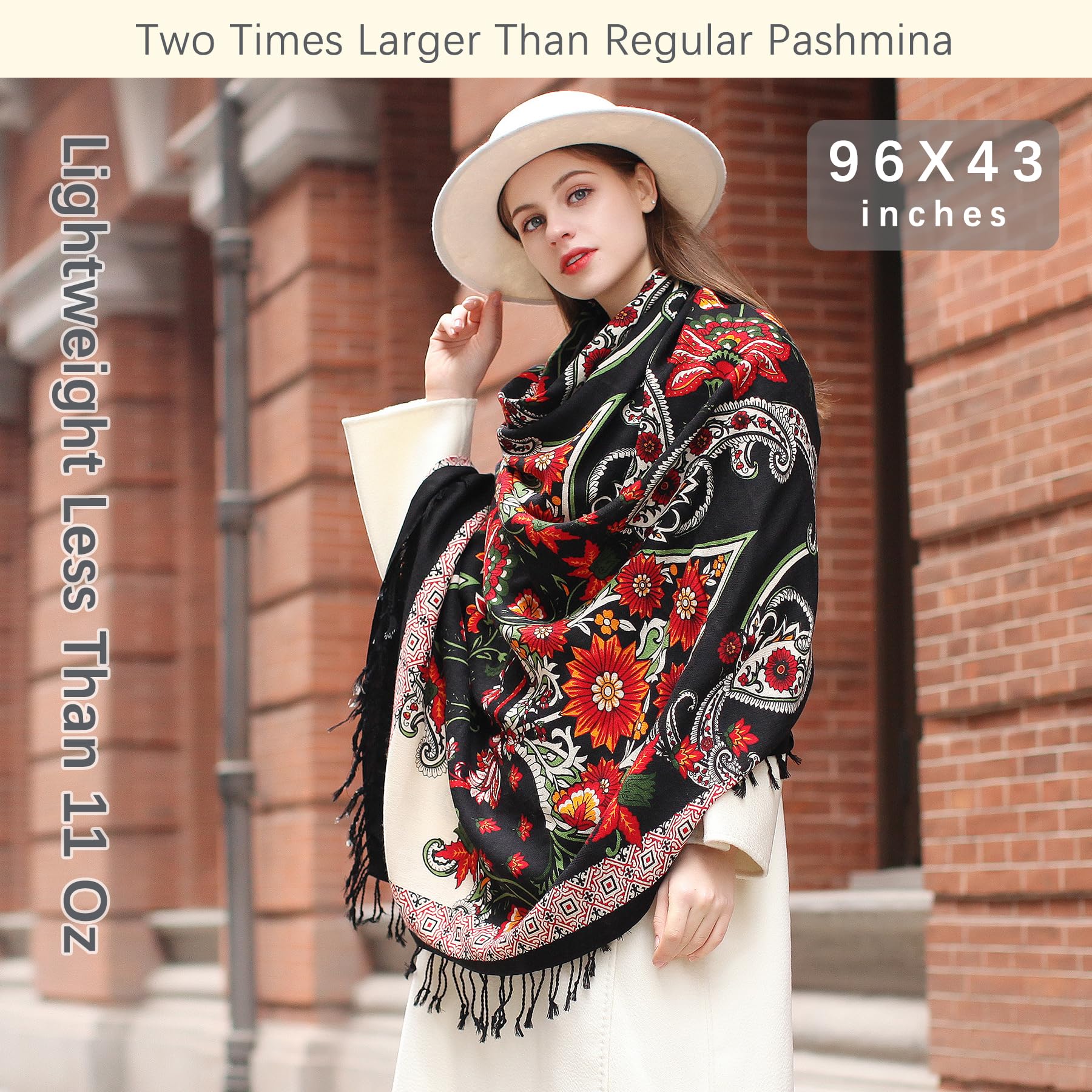 DANA XU - Sciarpa pashmina in 100% lana merino, da donna, 244 x 109 cm, oversize, in cashmere, con nappe, mantella da viaggio con motivo floreale, 96*43 INCHES