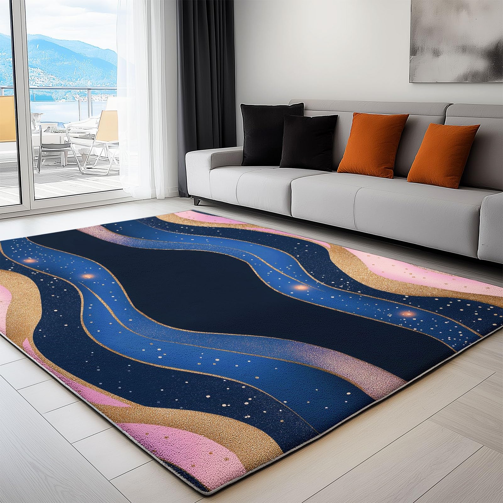 Générique Tapis Salon Forme Ondulée Abstraite 140 x 200 cm Tapis Chambre Impression 3D Moderne, Bleu Foncé Moquette Antidérapant Lavable Machine, pour Salon Salle à Manger Bureau