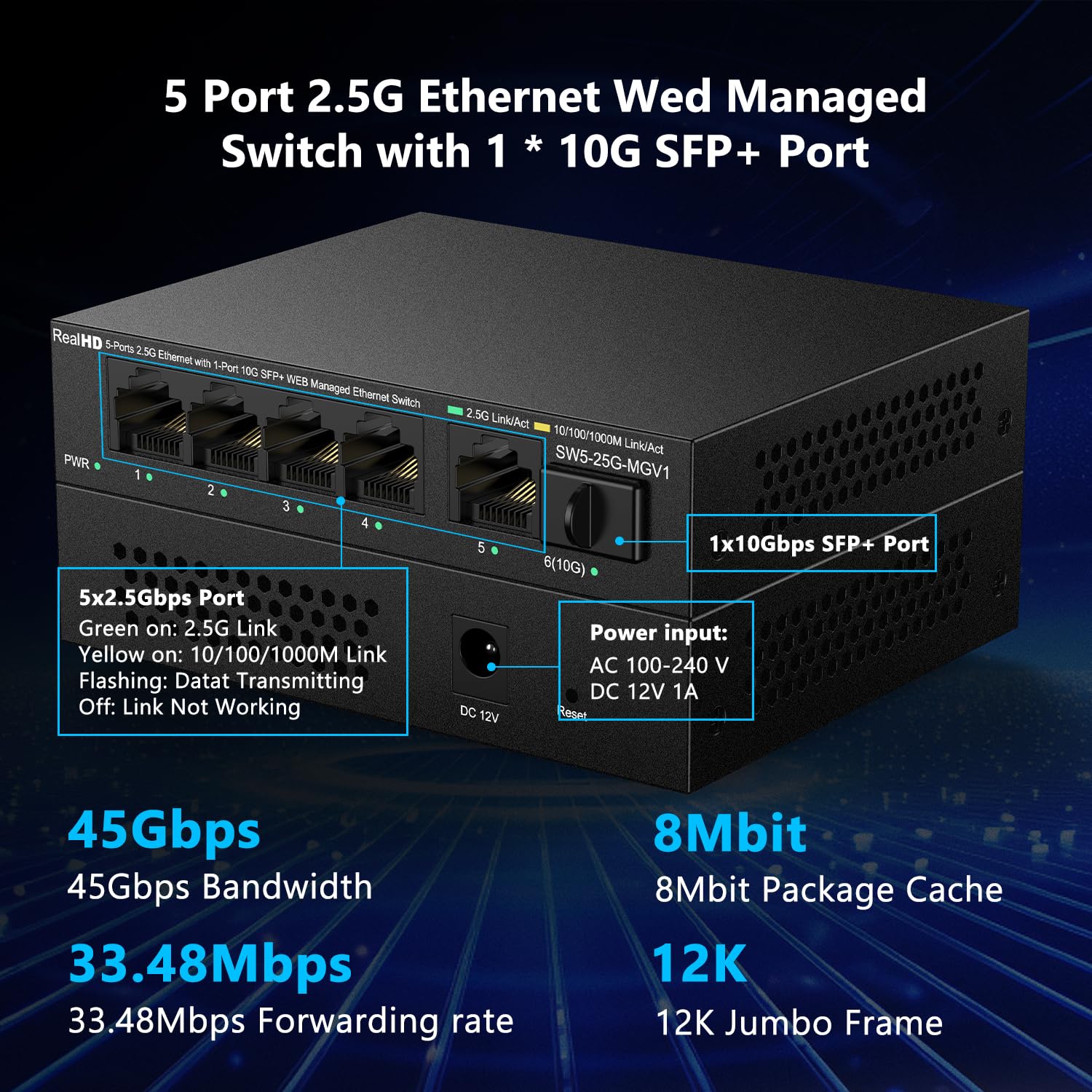 Conmutador de red Ethernet gestionado por la red de 5 puertos de 2,5 GB | 5 x 2,5 Gigabit | 1 x 10 GB SFP+ | Conmutador multigig 10-100-1000Mbps | Ancho de banda de 45G | Interruptor de Internet de