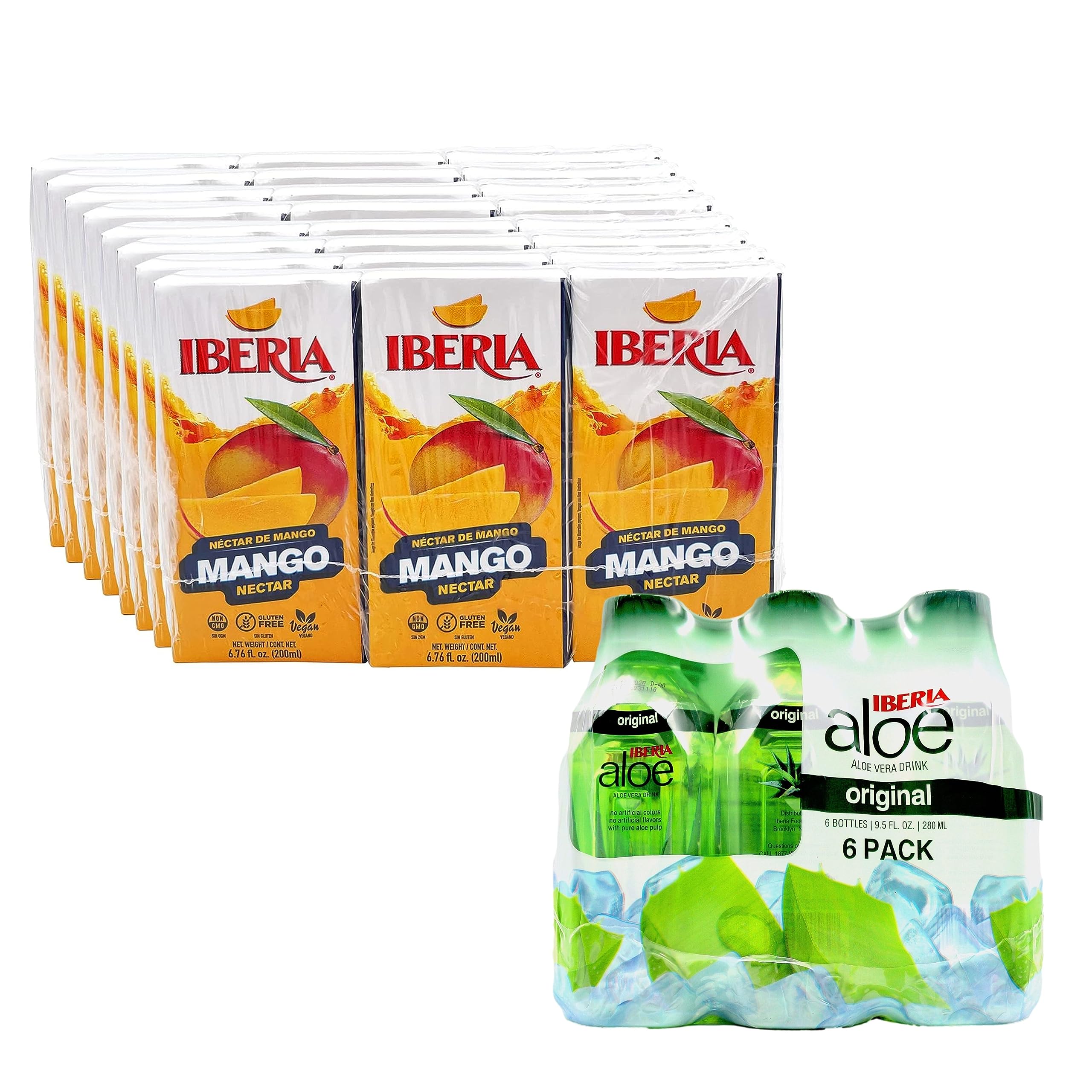 Iberia Mango Nectar, 6.8 fl oz (Pack of 24) + Iberia Aloe Vera Drink with Pulp 9.5 fl oz, Original (Pack of 6)