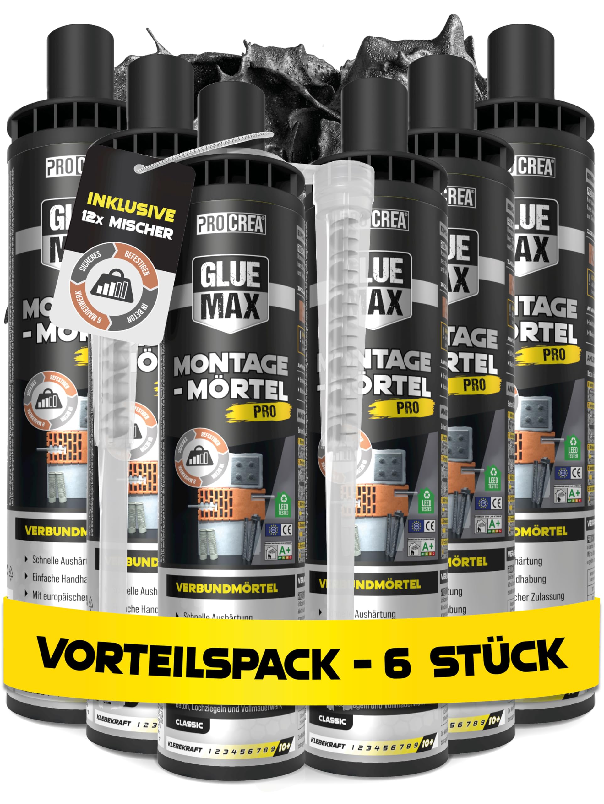 PROCREA® 6x Injektionsmörtel "Ankerfix" [inkl. 12x Premium-Mischern] Hochleistungs Montagemörtel & Verbundmörtel Kartuschen in bester Qualität - 2K Klebedübel & Flüssigdübel für innen & außen